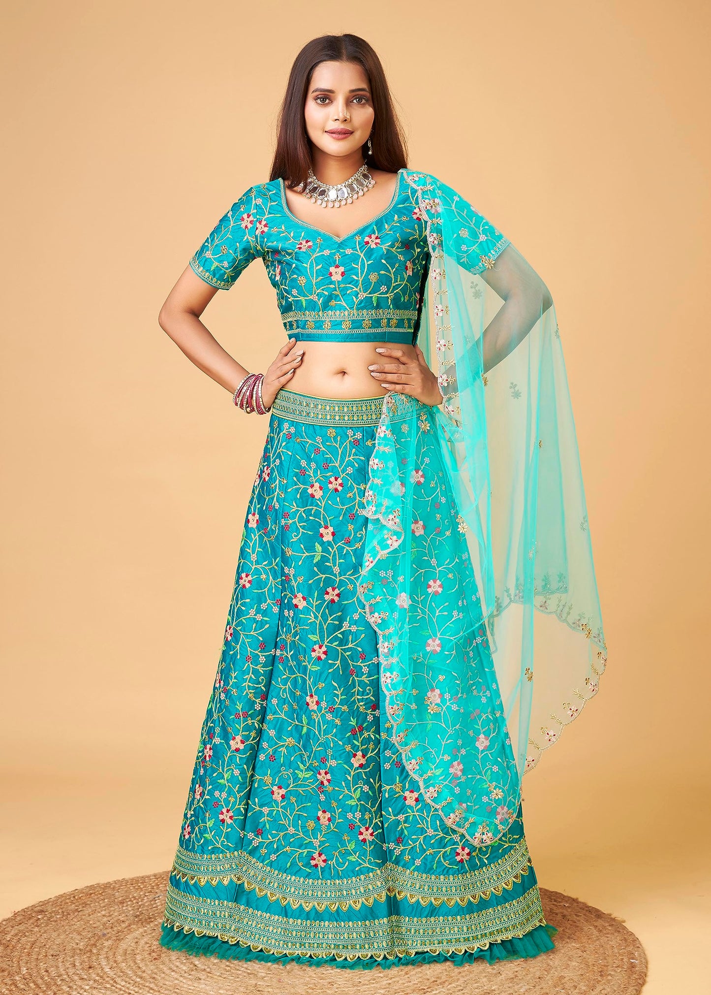 TRENDMALLS Women's Satin Embroidery Lehenga Choli With Dupatta (L57-Turquoise, Semi stitched)