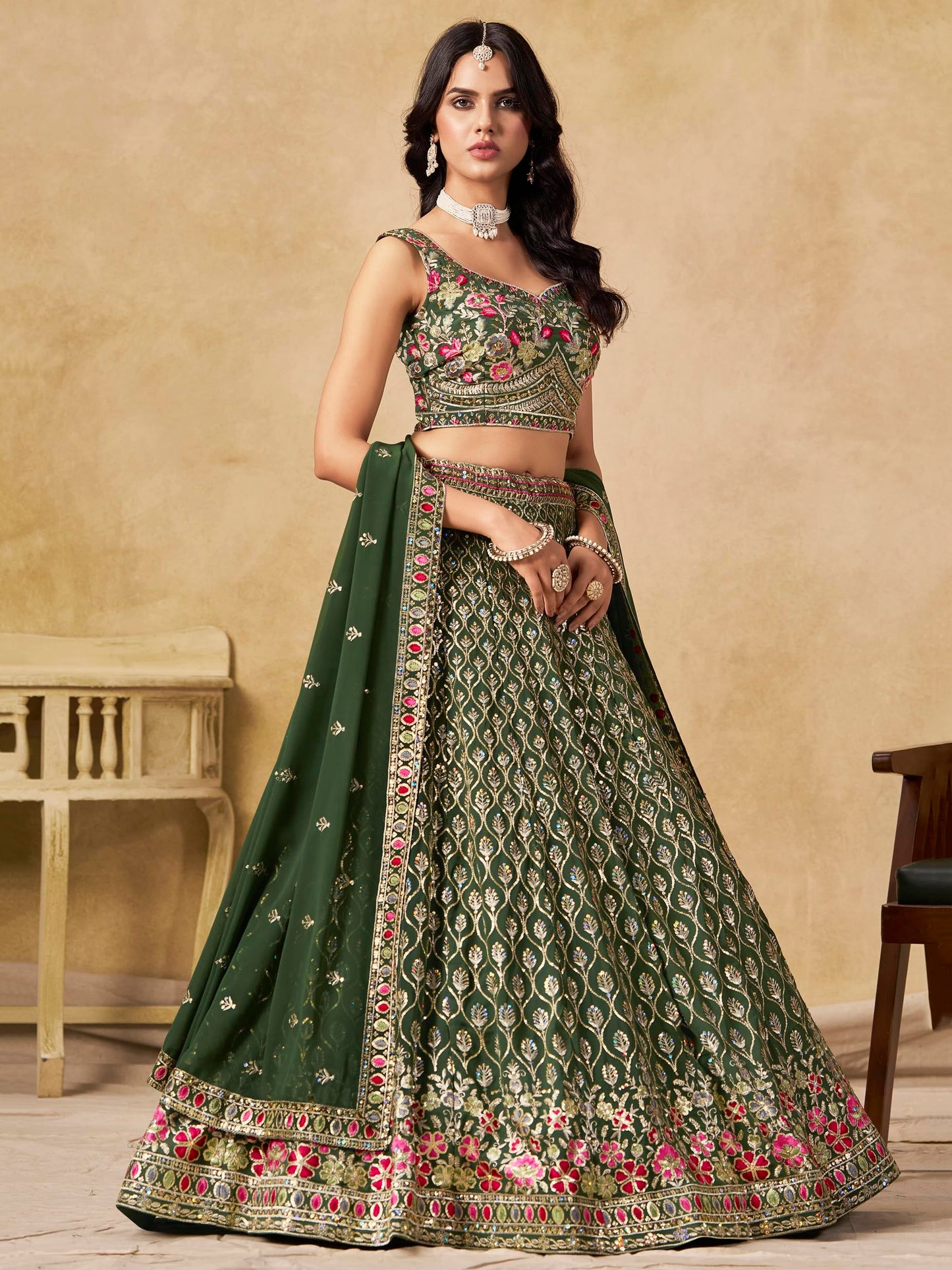 Zeel Clothing Women's Sequins and Thread Embroidered Work Georgette Lehenga Choli With Dupatta (5134-Women-Lehenga-Choli-Latest; Free size) (Green)