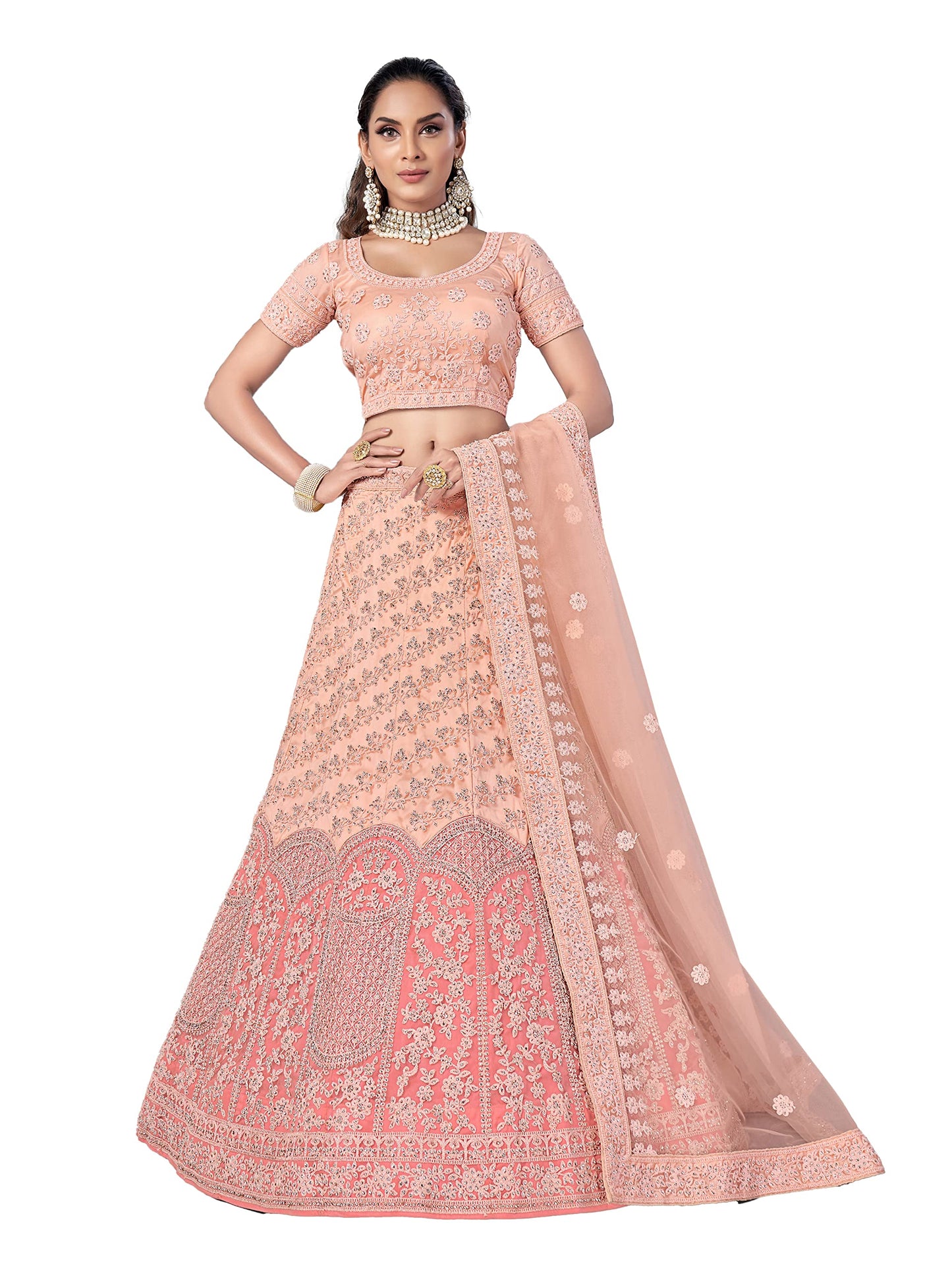 FUSIONIC Peach Color Soft Net Material Stone Work Lehenga Choli For Women