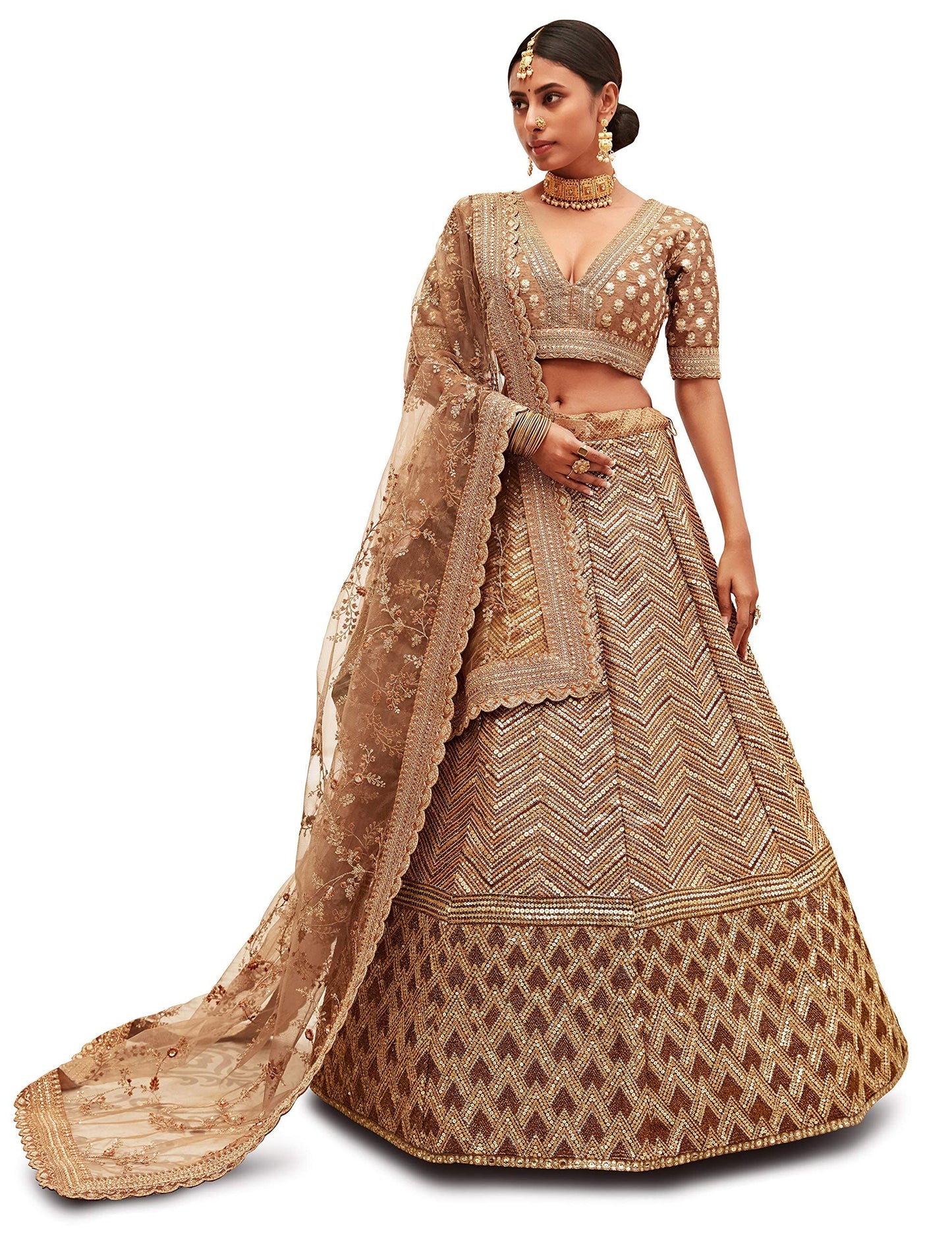 Zeel Clothing Women's Golden Zari and Sequins Work Art Silk Semi-Stitched Lehenga Choli (7709-Wedding-Bridal-Wedding-Lehenga; Gold)