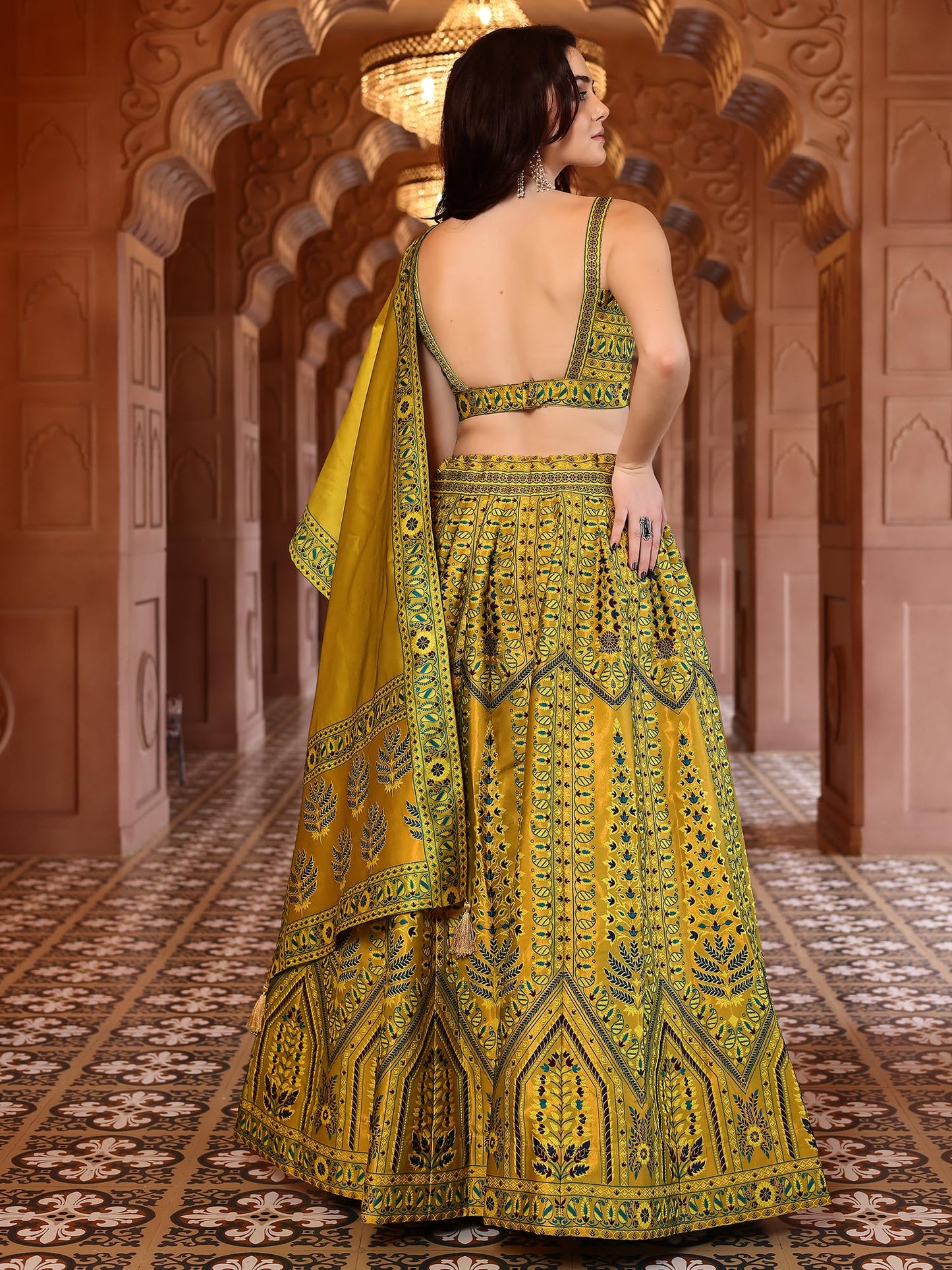 PURVAJA Women's Kanjivaram Semi-Stitched Lehenga Choli (Sirat-Lime_Lime_Free Size)