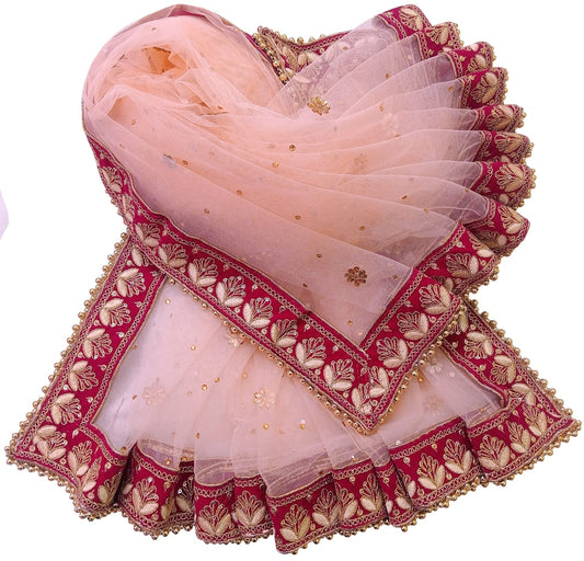 Navti Creations Wedding Bridal Women's Peach Net Dupatta With Pink (magenta) Resham Embroidery Border (Full Stone work, Length -2.25m, Border Width -5.5cm, 4side moti lace) (Peach-Pink)