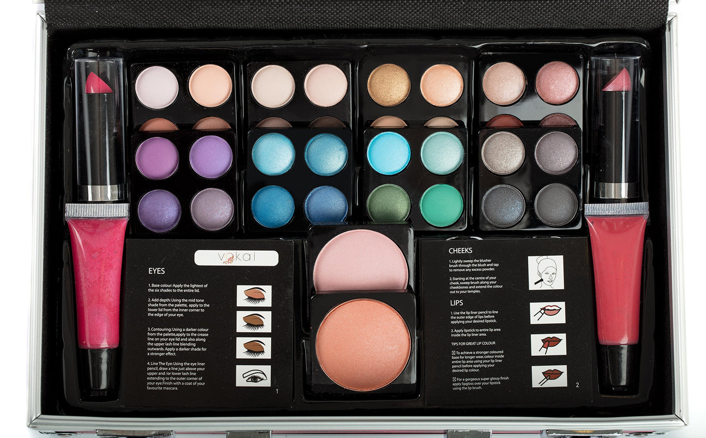Vokai Makeup Kit Gift Set - 24 Eye Shadows, 4 Eye Shimmer Creams, 1 Lip Liner Pencil, 3 Lipsticks, 12 Lip Glosses, Blush, Eye liner pencil, Face Powder, Lip Crayon, Liquid Eyeliner, Mascara
