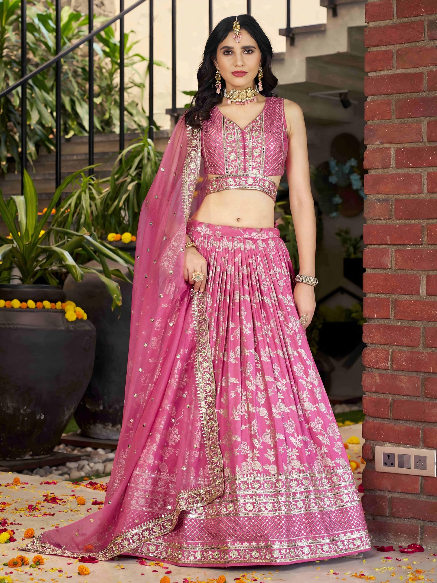 Zeel Clothing Women's Sequins Zari Embroidered Dola Silk Jacquard Lehenga Choli With Dupatta (7100-Women-Lehenga-Choli-Latest, Free size) (Pink)
