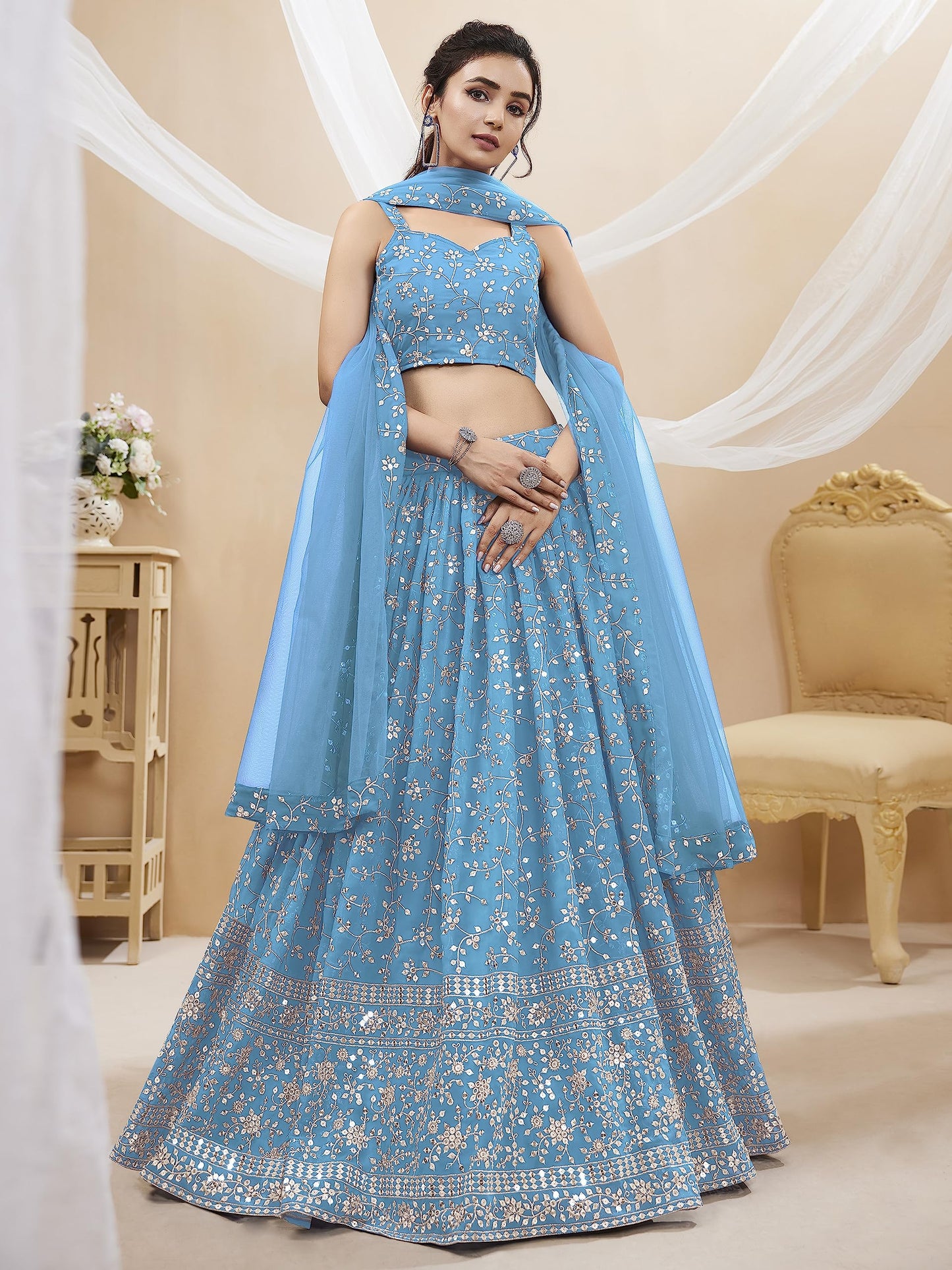 Zeel Clothing Women's Sequins Zari Embroidered Georgette Semi-stitched Lehenga Choli with Dupatta (405-SkyBlue-Wedding-Bridal-Latest-New; Free Size) (Sky Blue)