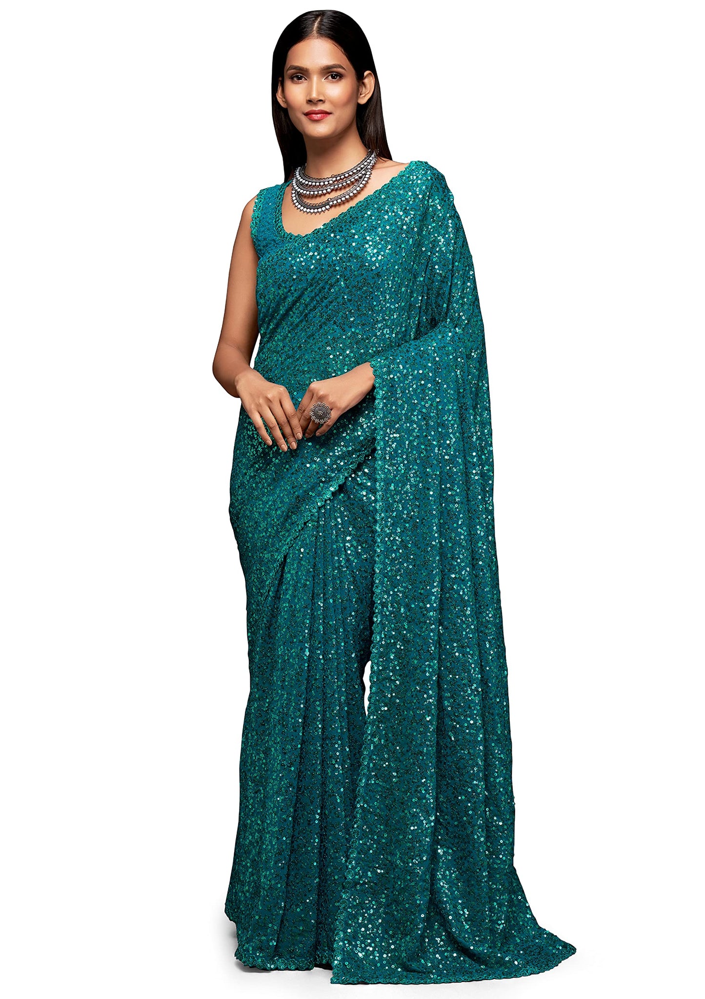 TRENDMALLS Women's Georgette Sequins Work Heavy Saree with Blouse Piece (Latest-sequins-party-wedding-sarees,Many Colors) (Morpeach)