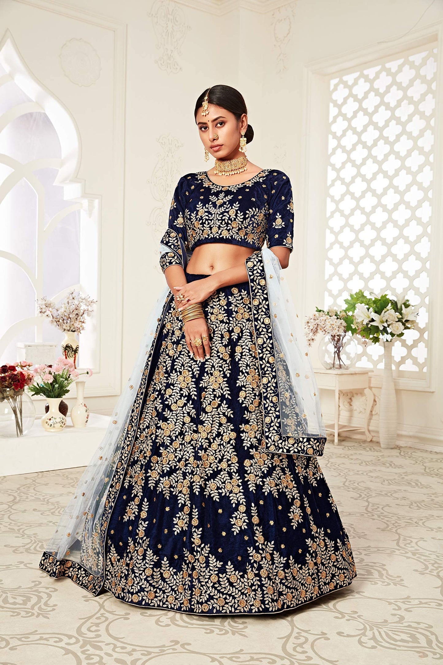 Zeel Clothing Women's Navy Blue Zari and Diamond Work Velvet Semi-Stitched Lehenga Choli (7707-Wedding-Bridal-New-Lehenga_Blue_Free Size)