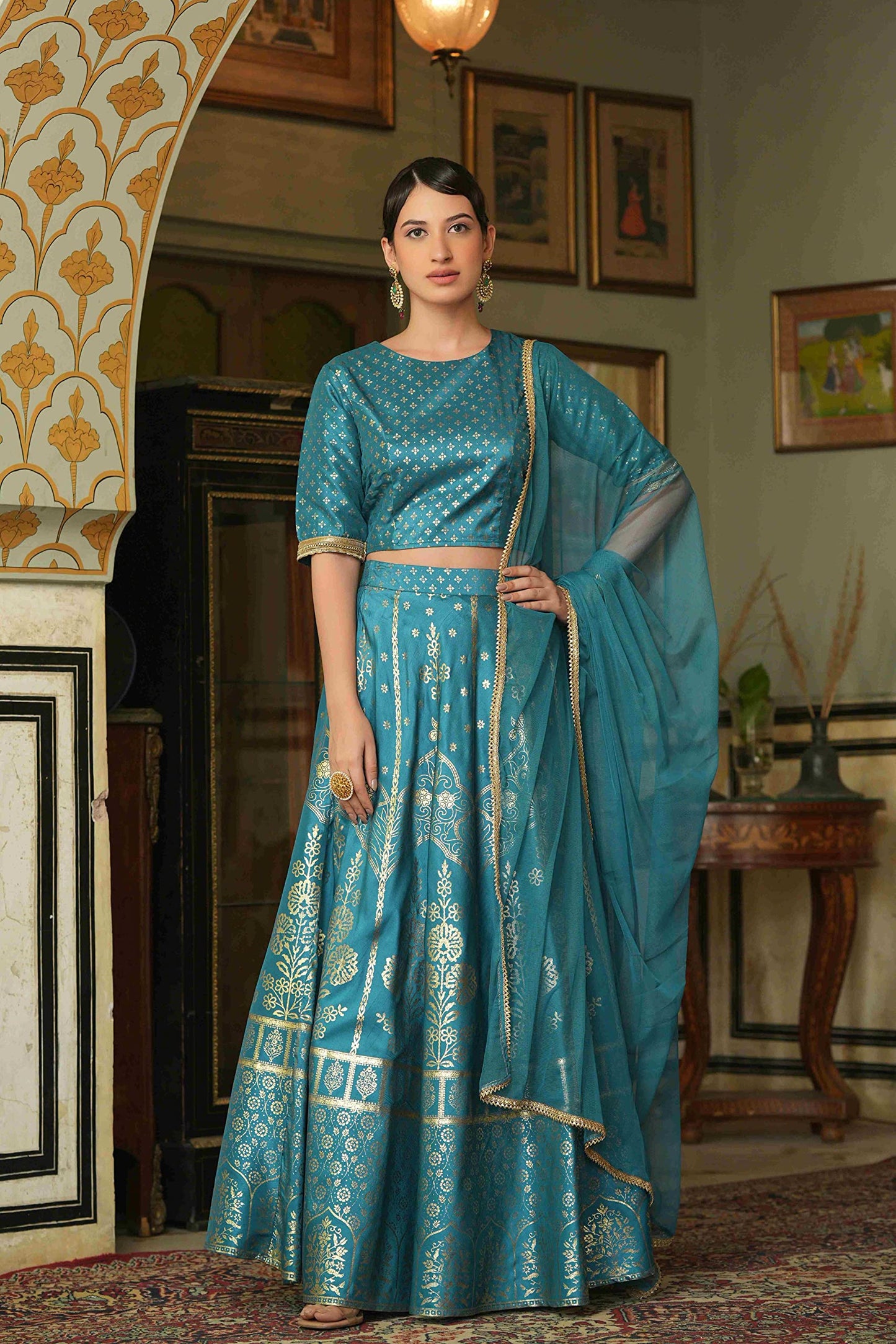 Juniper Women's Teal Santoon Slub Festive Foil Printed Straight Lehnga Choli Set -XXL
