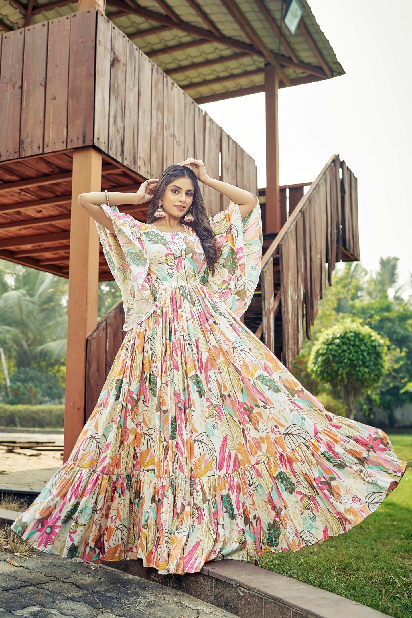Samprag Rayon Gown for Women | Full Length | Printed | Fit & Flare | Flared & Bell Sleeves | Round Neck | Ethenic Dress | Ideal for Casual, Wedding & Party | Off-White & Sky Blue | S