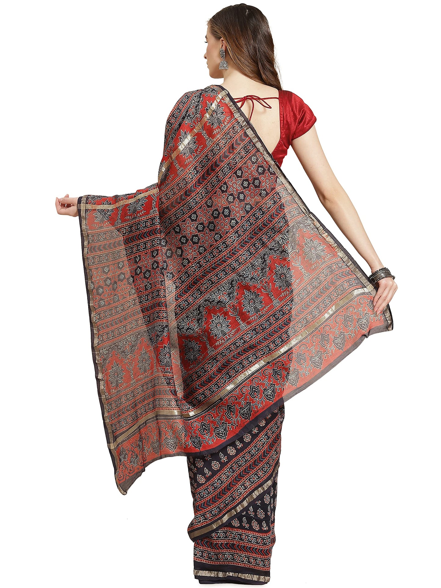 Aditri Women's Handloom Ajrakh on Chanderi Silk Saree with Running Blouse (Multicolored)