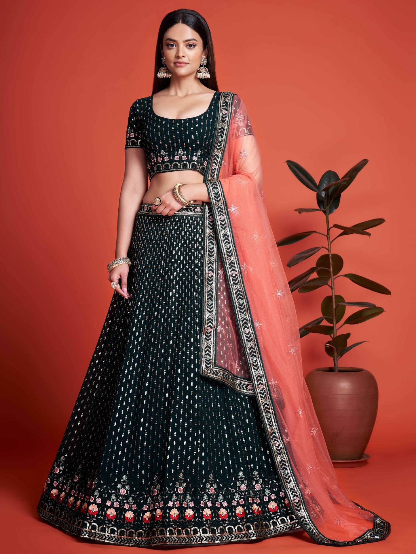 Zeel Clothing Women Sequins Thread Embroidered Georgette Semi-Stitched Lehenga Choli With Dupatta (6021-Green-Wedding-Stylish-Latest; Free Size)