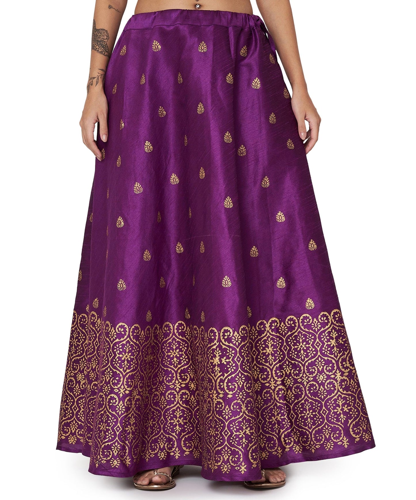 studio rasa Women's Dupion Hand Block Printed Bias Skirt for Wedding Festive Party (SKTC52403L_Purple_Large)