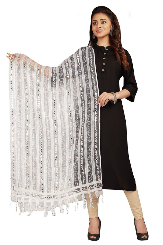 RANI SAAHIBA Women's Mirror Work Embroidered Tissue Organza Dupatta (SKRDD2074_White)