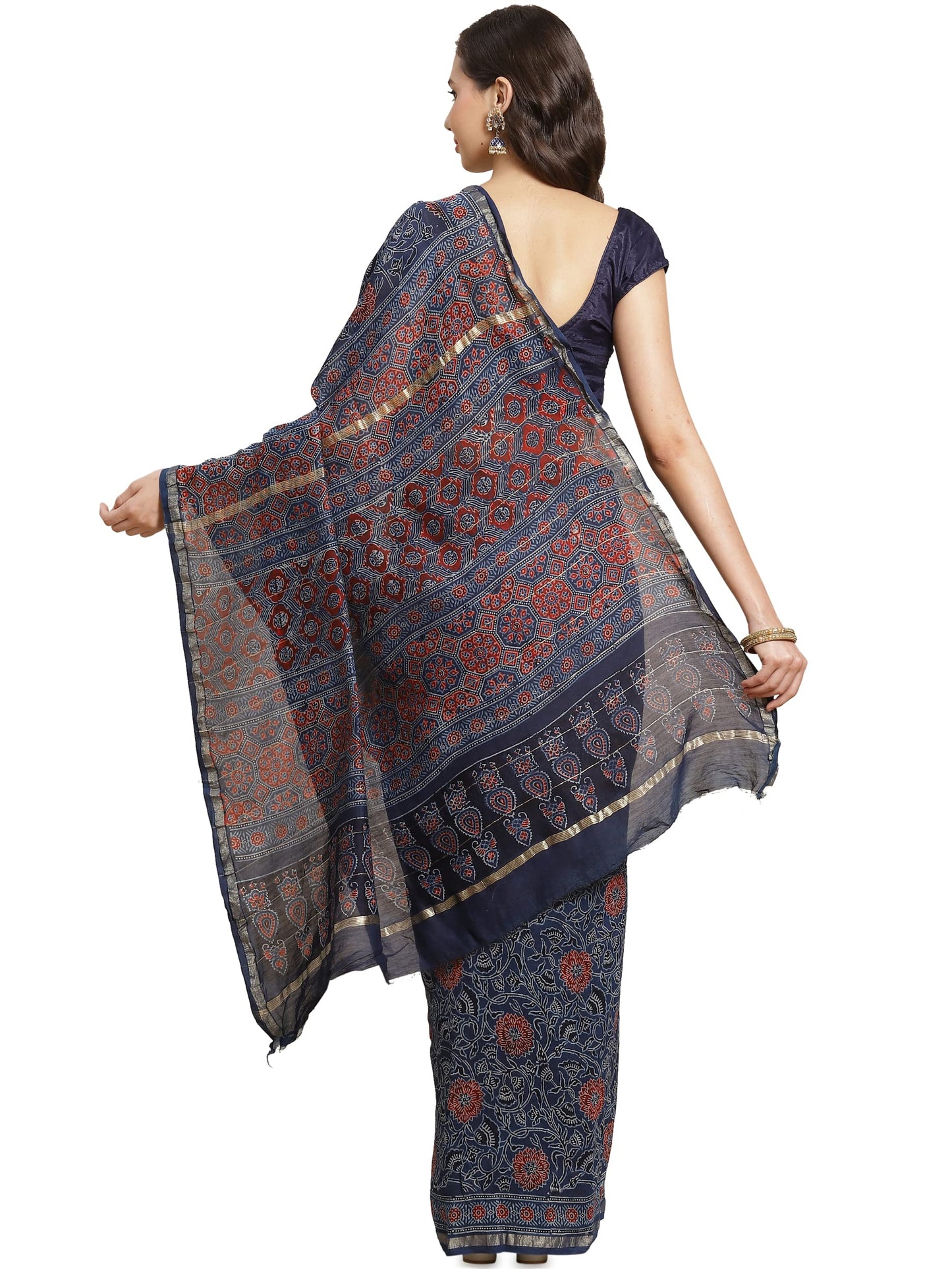 Aditri Women's Handloom Ajrakh on Chanderi Silk Saree with Running Blouse (Multicolored)