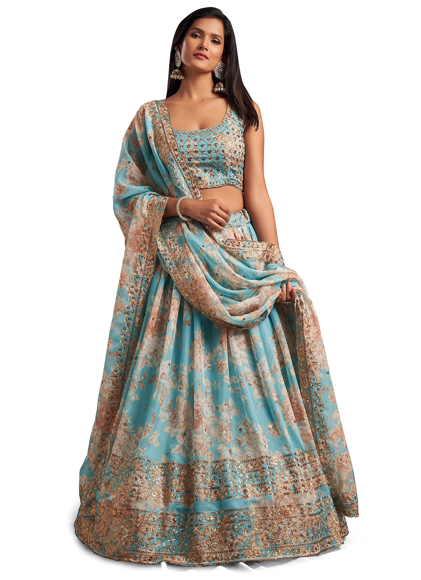 Zeel Clothing Women's Organza Floral White Semi-Stitched Lehenga Choli (7619-SkyBlue-Wedding-Floral-Lehenga-New, Sky Blue)