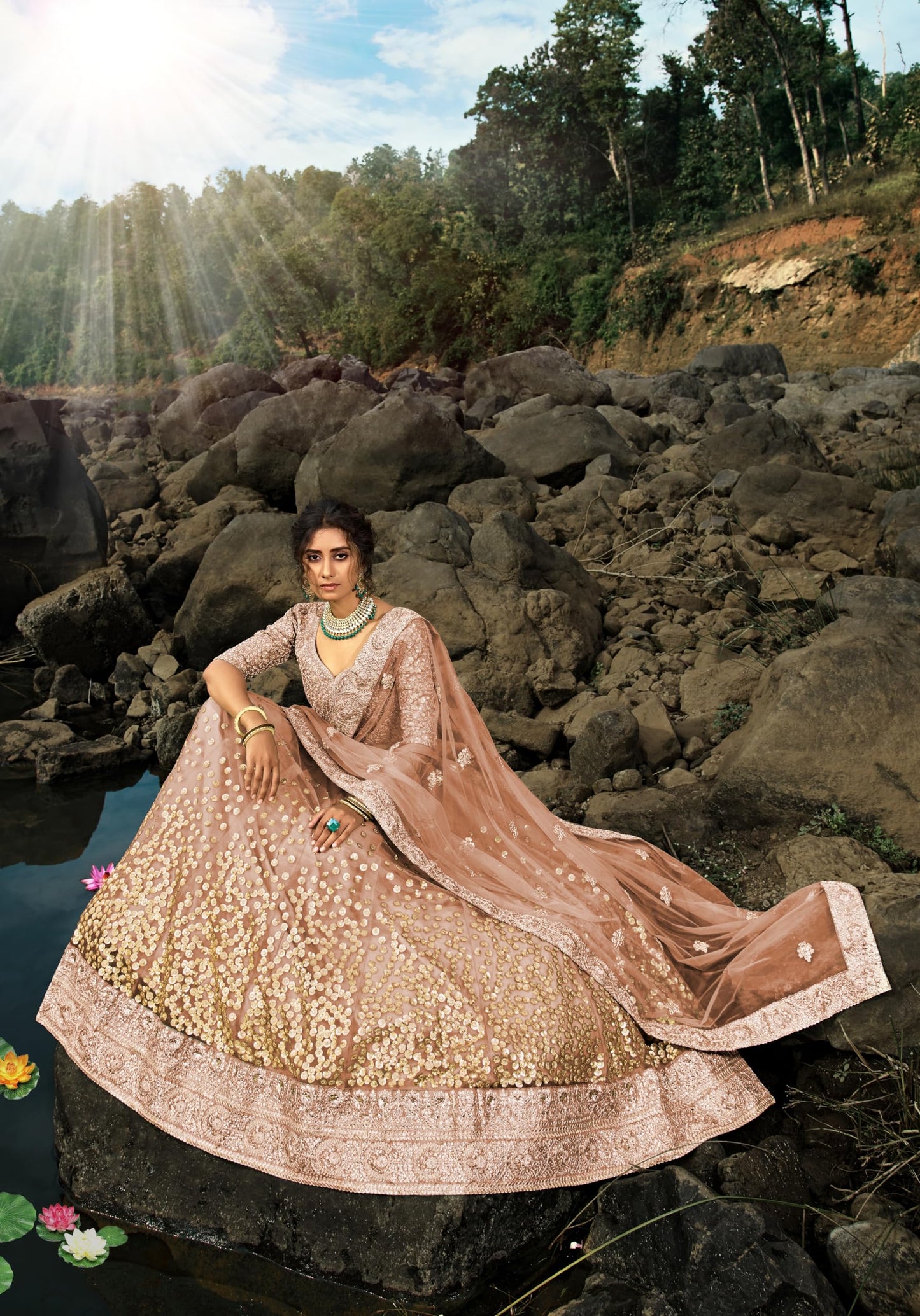 Divine Exim Women's Net Semi Stitched Lehenga Choli with Dupatta | Dori and Sequin Embroidery Pattern | Traditional, Wedding, Ethnic Wear Lehenga (Brown)