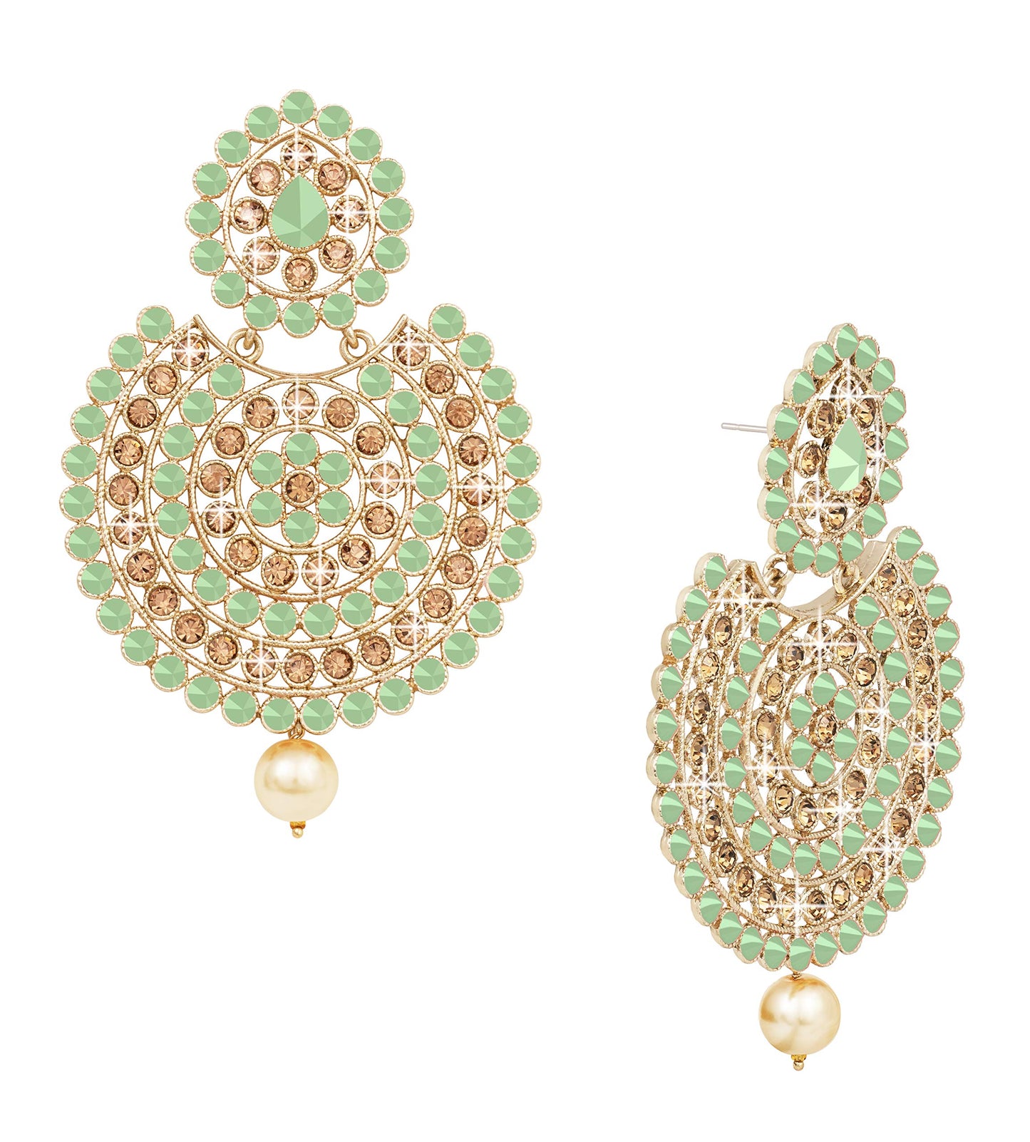 JFL - Jewellery for Less Gold Tone LCD Diamond and Polki stone Studded with Pearl Drop Chandbali Earrings for women and Girls (Mint Green),Valentine