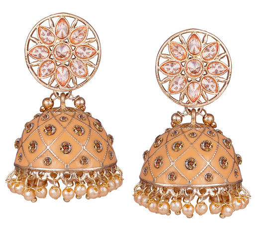 JFL - Jewellery for Less Traditional Stylish Handcrafted Enamel Cz LCD Polki Stone Pearl Hanging Ethnic Jhumki Earrings Jewellery for Women (Peach),Valentine
