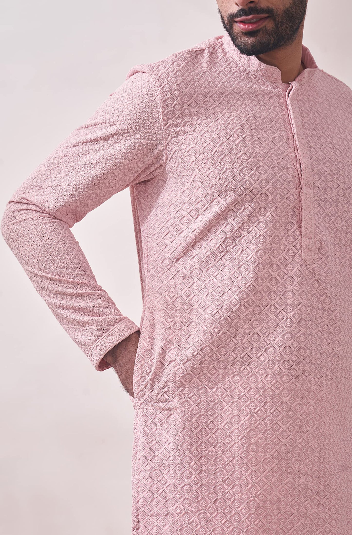 Manyavar Pink Blended Cotton Full Sleeve Kurta Set | Traditional Kurta Set For Men (M)