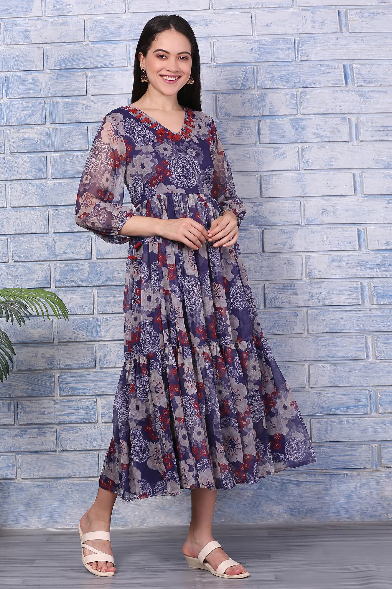 W for Woman Purple Floral Printed Chiffon Gathered Dress (Size: XL)-W12804-125946