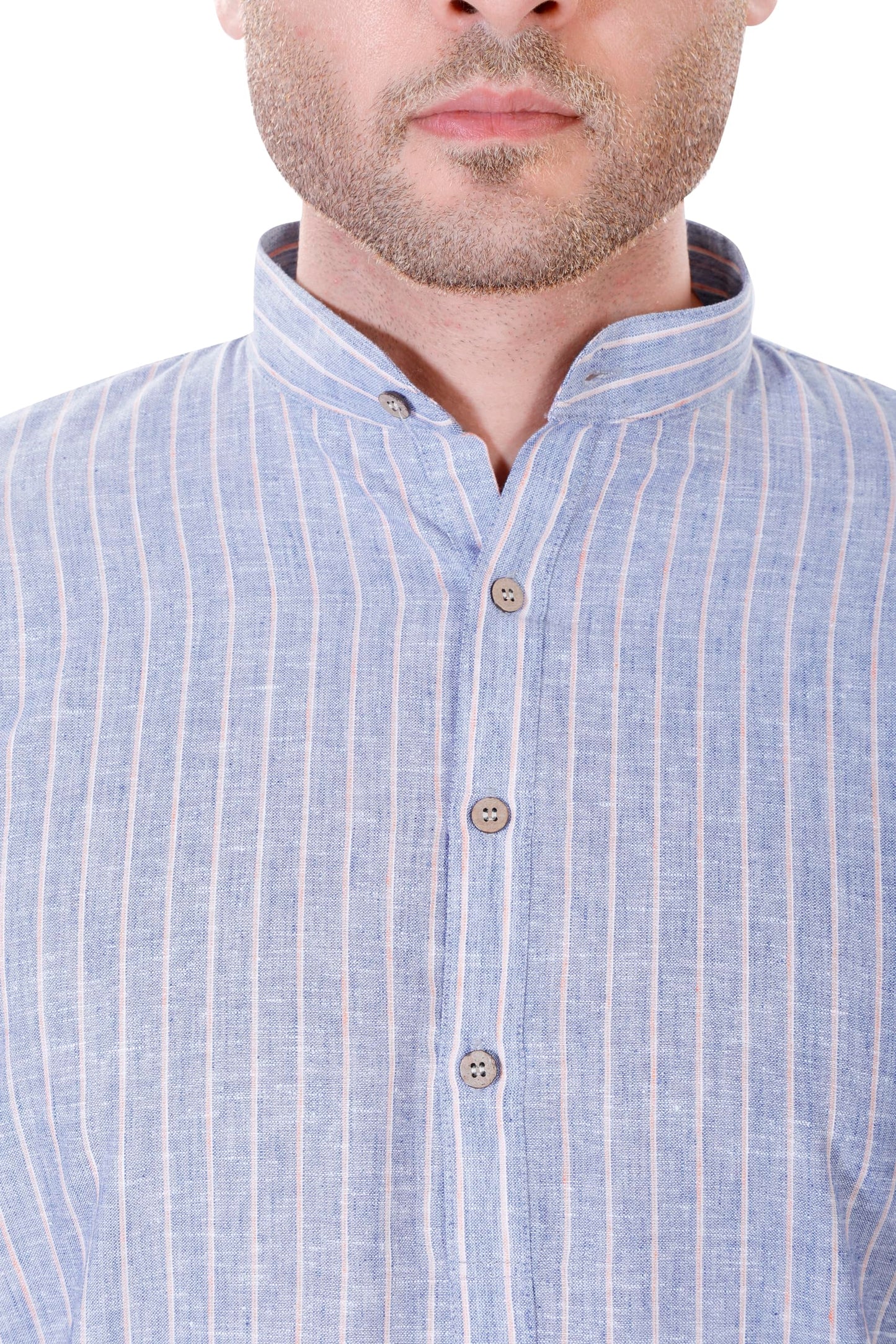 LUCKWIN Cotton Linen Regular Fit, Mandarin Collar, Vertical Stripes Kurta Pyjama Set in Blue for Men [LWKP069-36]