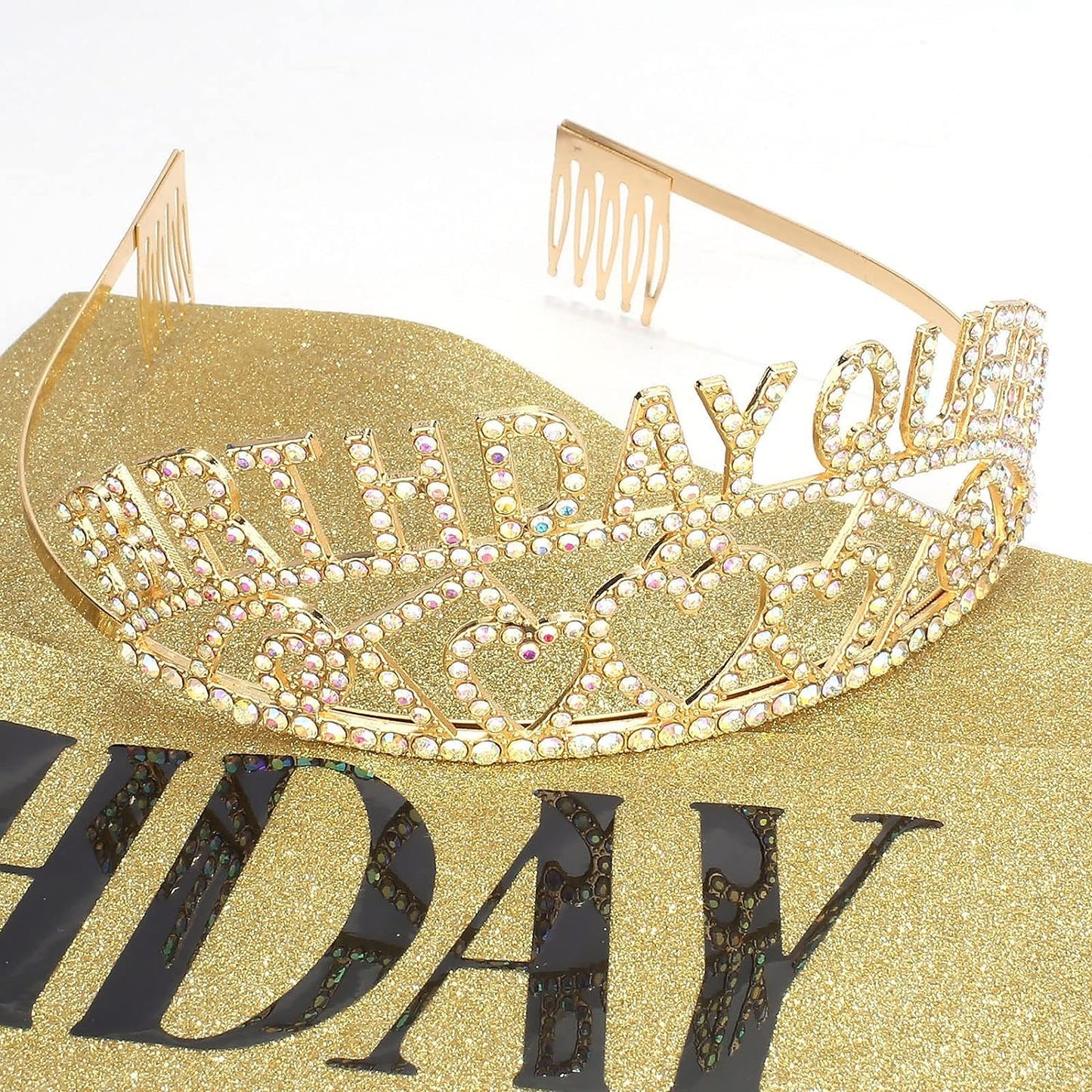 Shining Diva Fashion Latest Birthday Sash and Crown for Girls Birthday Decorations Items Gifts for Girls Women Kids Sister Best Friend 10, 15, 16, 12, 18, 20 years Teenager (Gold) (15418hb)