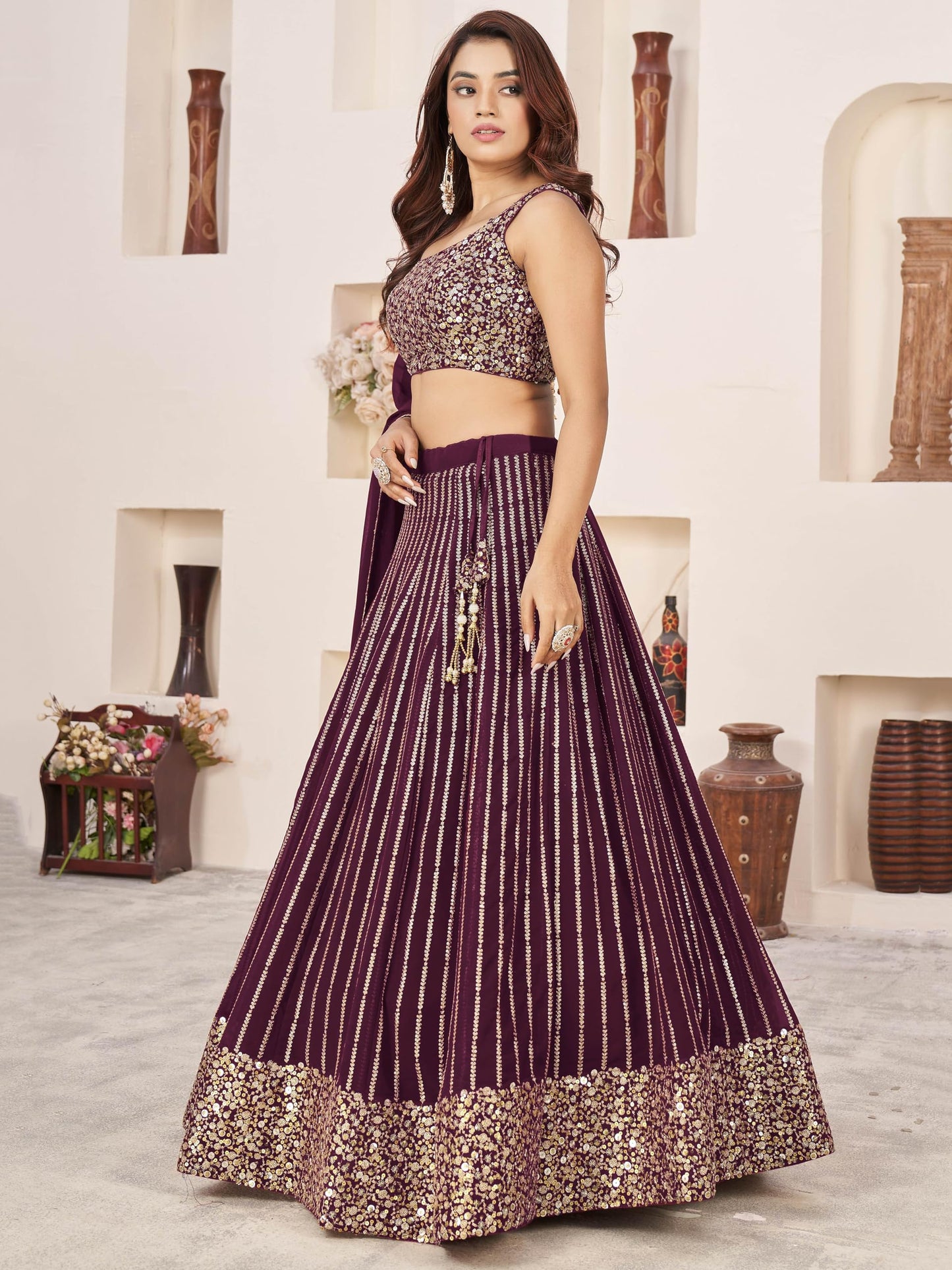 Zeel Clothing Womens Sequins Zari Embroidered Pure Georgette Semi-Stitched Lehenga and Choli Set(5067-Wine-Wedding-Lehenga-Choli-Latest; Free Size)