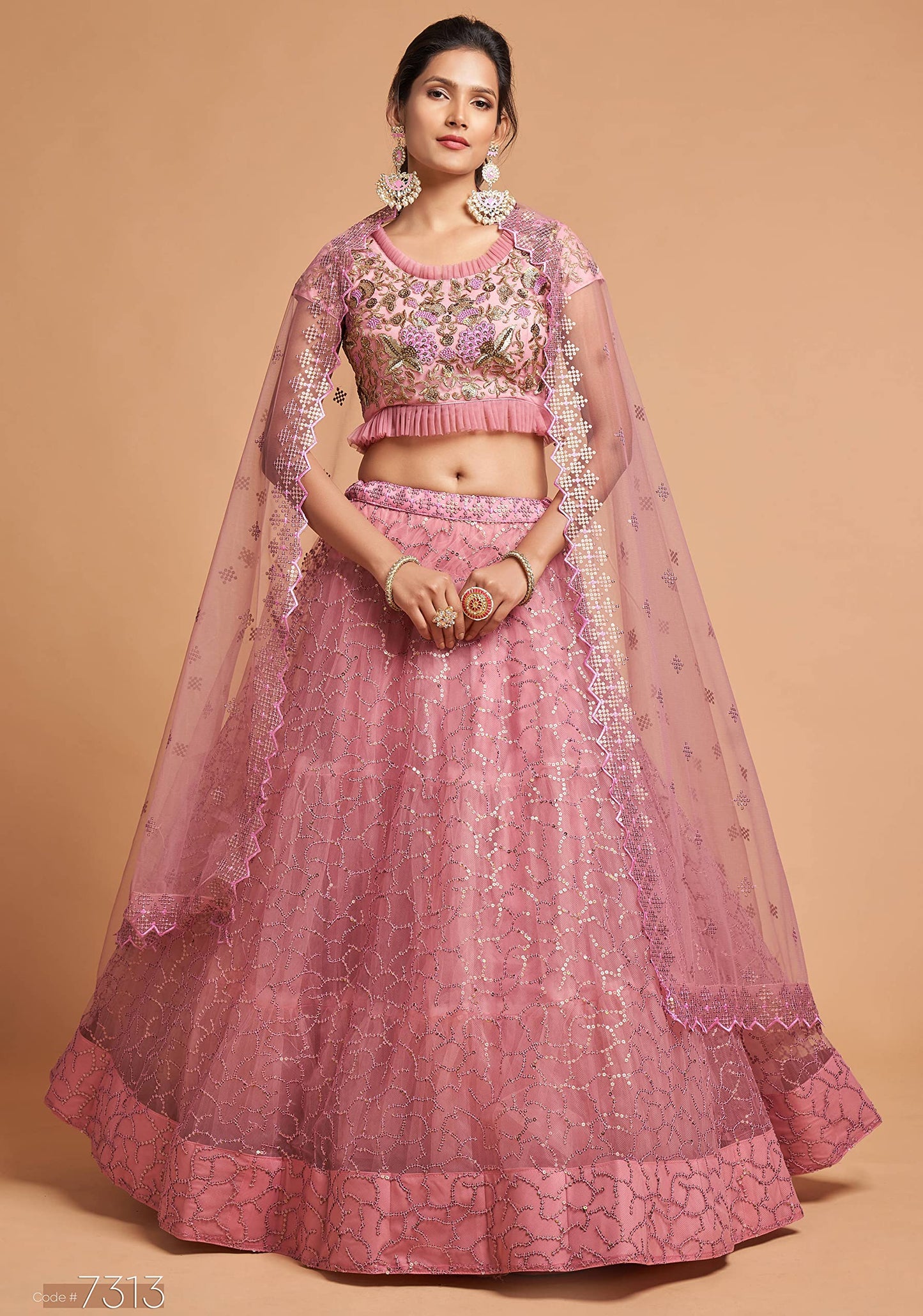 Zeel Clothing Women's Net Embroidered Semi-Stitched Bridal New Lehenga Choli with Dupatta (7313-Pink-Wedding-Girlish-Latest-Lehenga; Free Size)