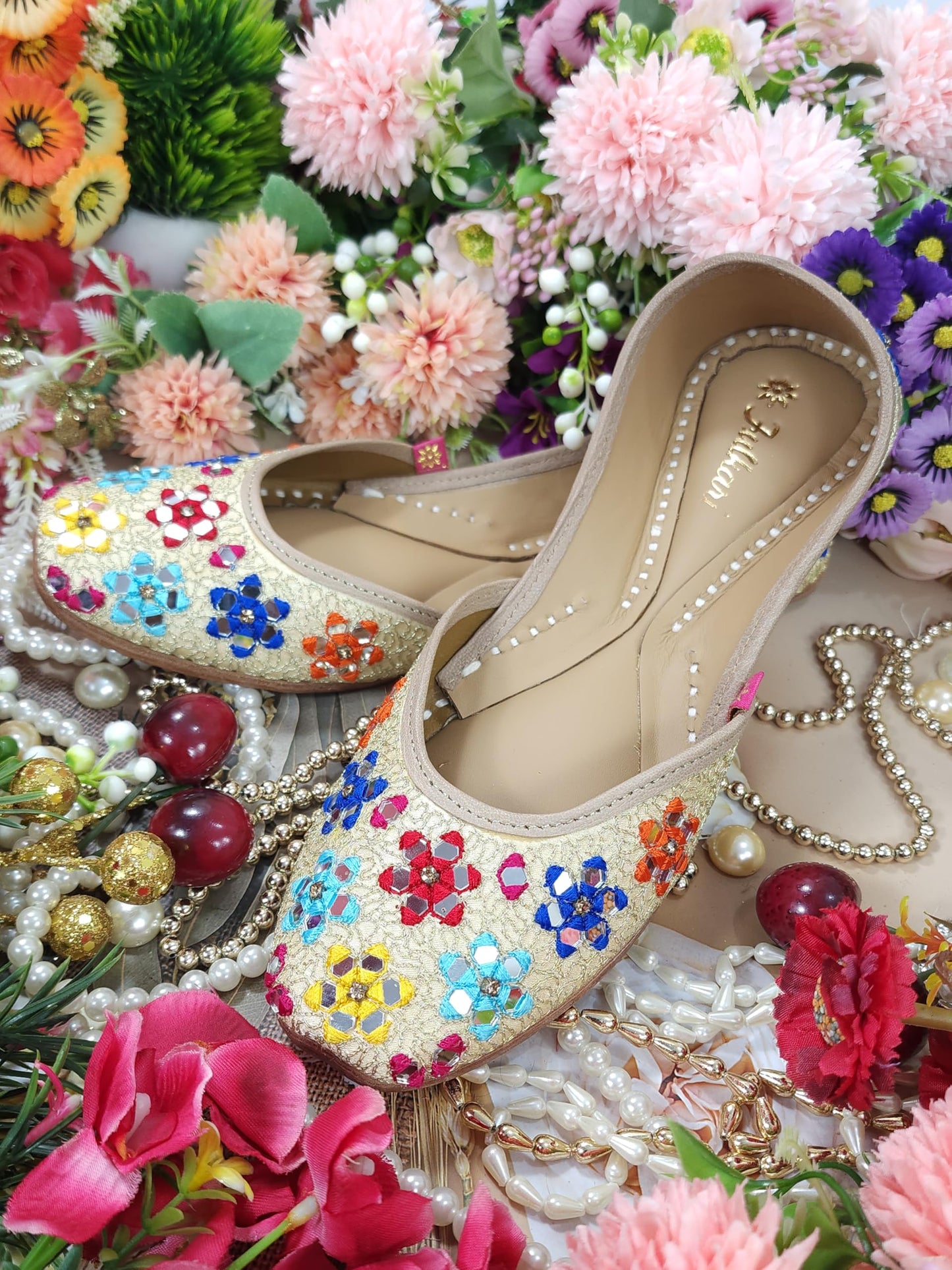 Fulkari Women Mirror Gold Multicolor Formal Genuine Soft Leather Jutis | Bite and Pinch Free Juttis | Punjabi Jutti | Girl's Wedding Flat Ladies Mojari Ethnic Juti |