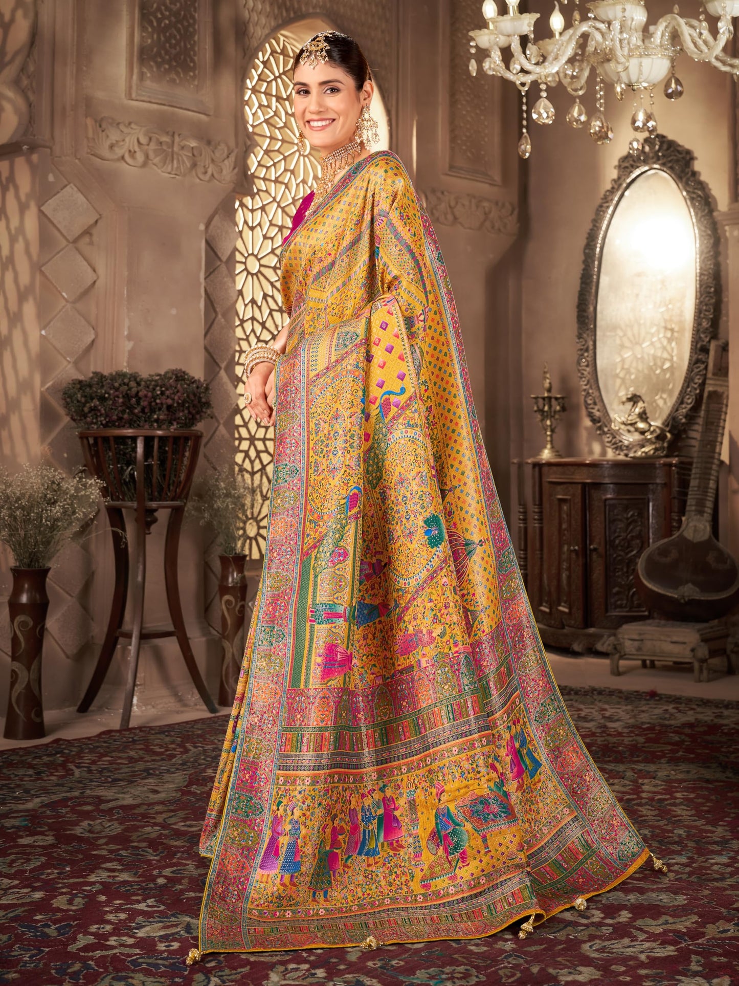 Glory Sarees Women’s Luxurious Dola Pure Silk Original Saree Position Print Work Madhubani Inspired Motifs Banarasi Kanjivaram Style Saree With Blouse Piece (Elegant101_Yellow)