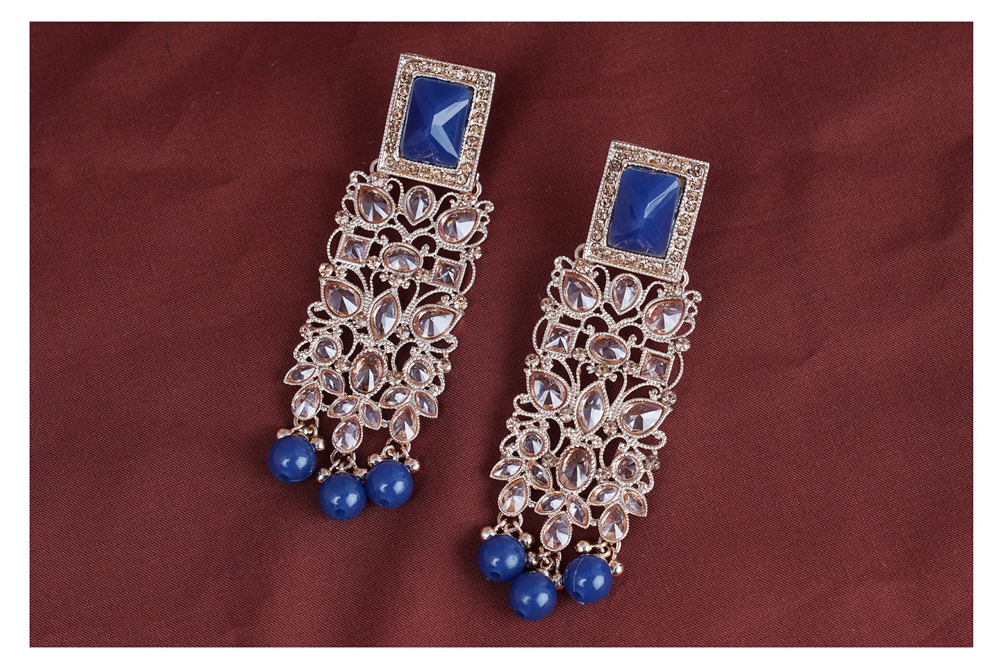 JFL - Jewellery for Less Stylish Beautiful Gold Tone LCD Polki Stone Studded with Drop Pearl Dangler Earrings for Women and Girls (Royal Blue).