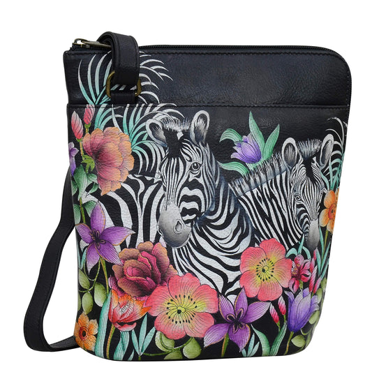 Anuschka Women's Hand Painted Genuine Leather Crossbody Organiser With Extended Side Zipper - Playful Zebras