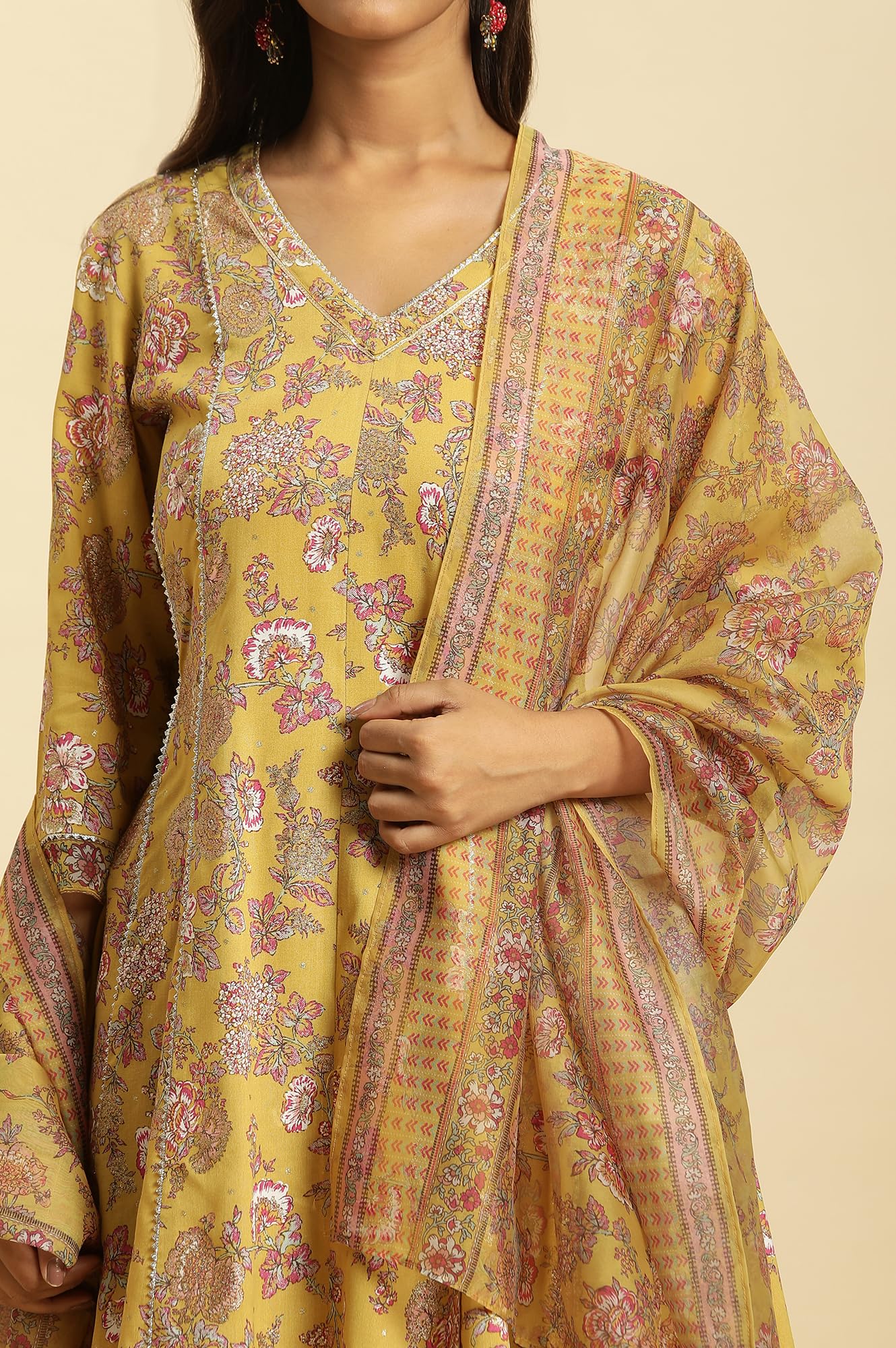 W for Woman Yellow Floral Printed Short Flared Kurta, Sharara And Dupatta Set (Size: 2XL)-23AUWS19717-121051