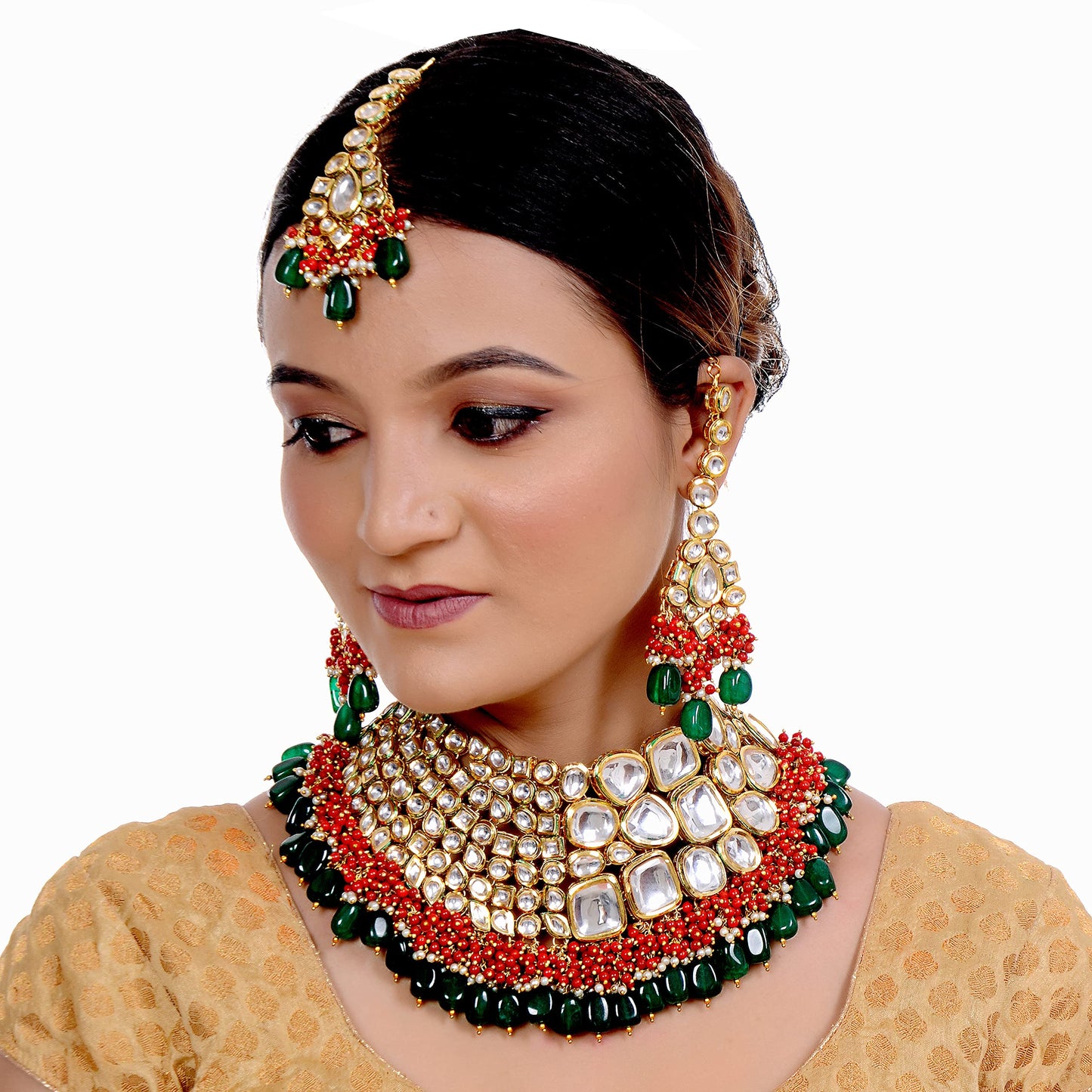 LUCKY JEWELLERY Back Meenakari 18k Gold Plated Multicolor Color Tika Earring Combo Jewellery Set Uncut Big Faux Kundan Dibbi Kundan Choker Necklace Set for Girl's & Women