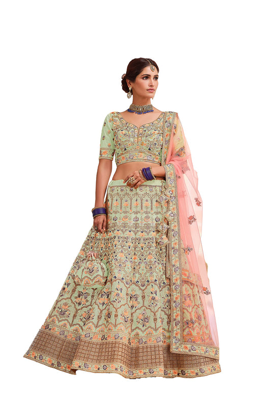FUSIONIC Crepe Material Pista Green Color Sequins Work Lehenga Choli For Women