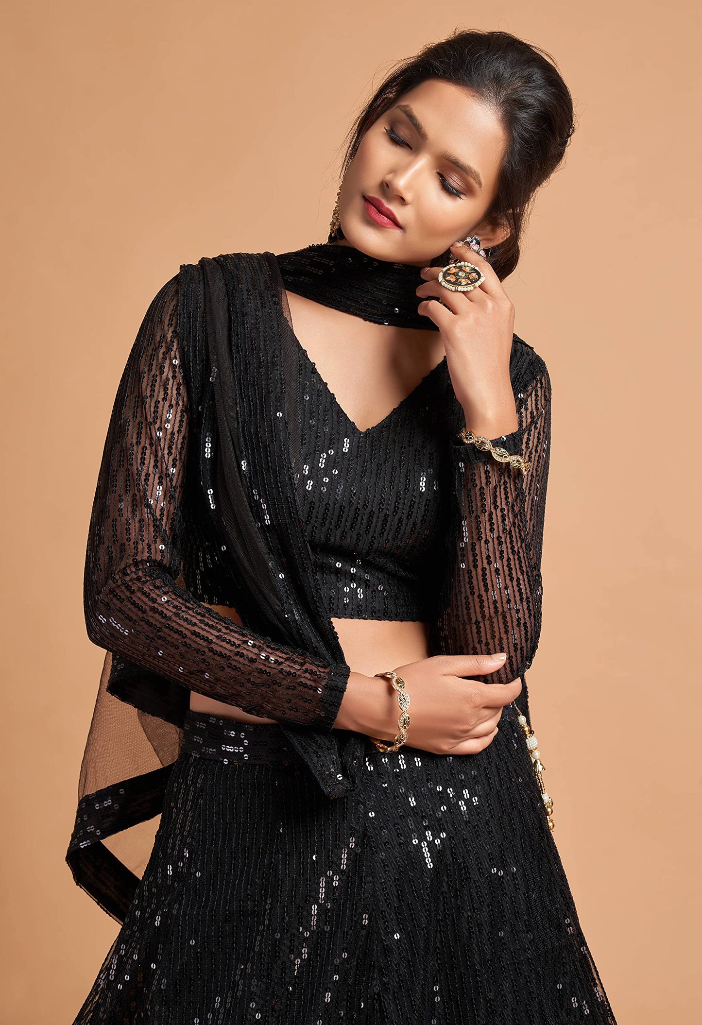Zeel Clothing Women's Black Net Embroidered Semi-Stitched New Lehenga Choli with Dupatta (7308Black-Wedding-Girlish-Latest-Lehenga; Free Size)