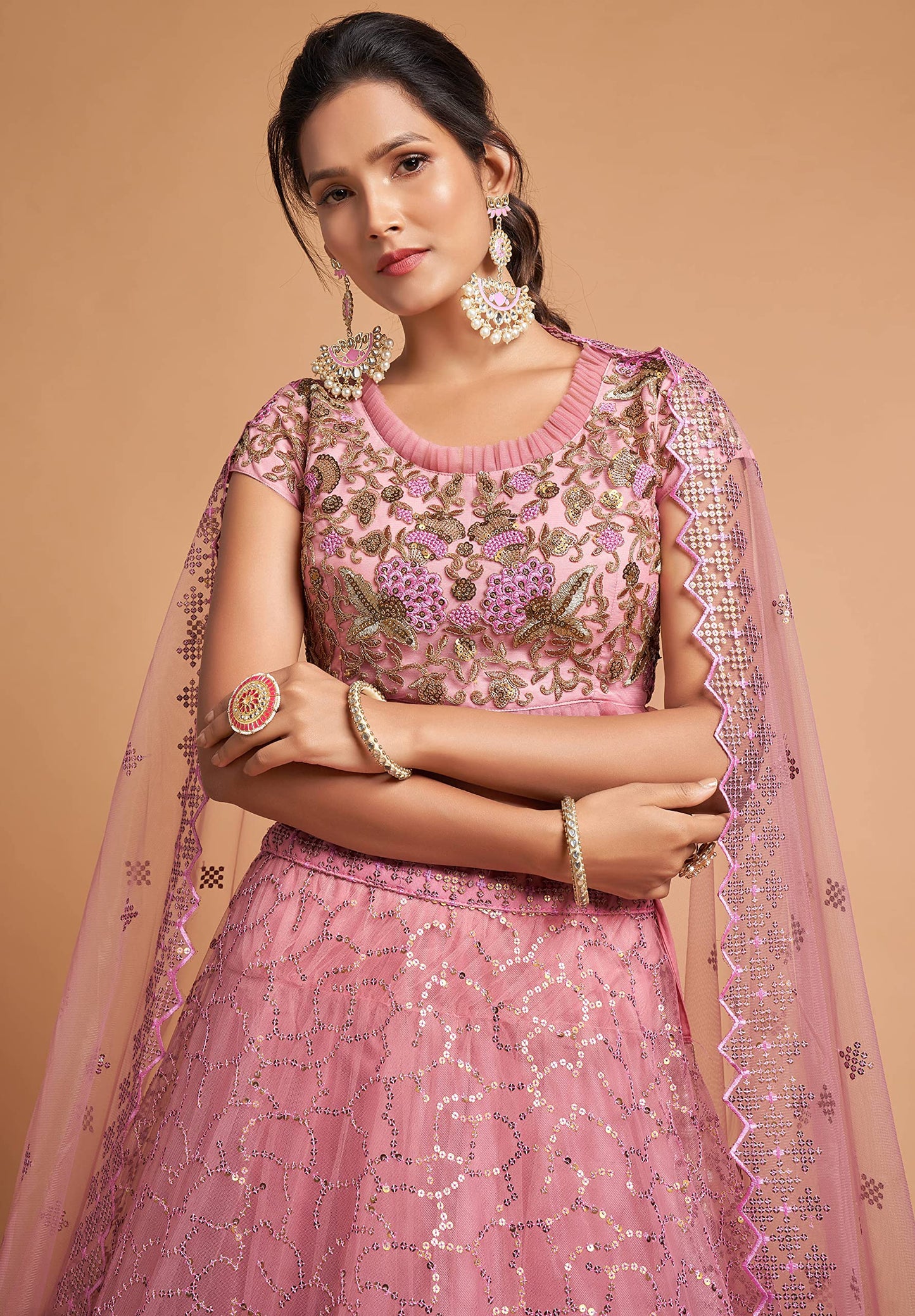 Zeel Clothing Women's Net Embroidered Semi-Stitched Bridal New Lehenga Choli with Dupatta (7313-Pink-Wedding-Girlish-Latest-Lehenga; Free Size)