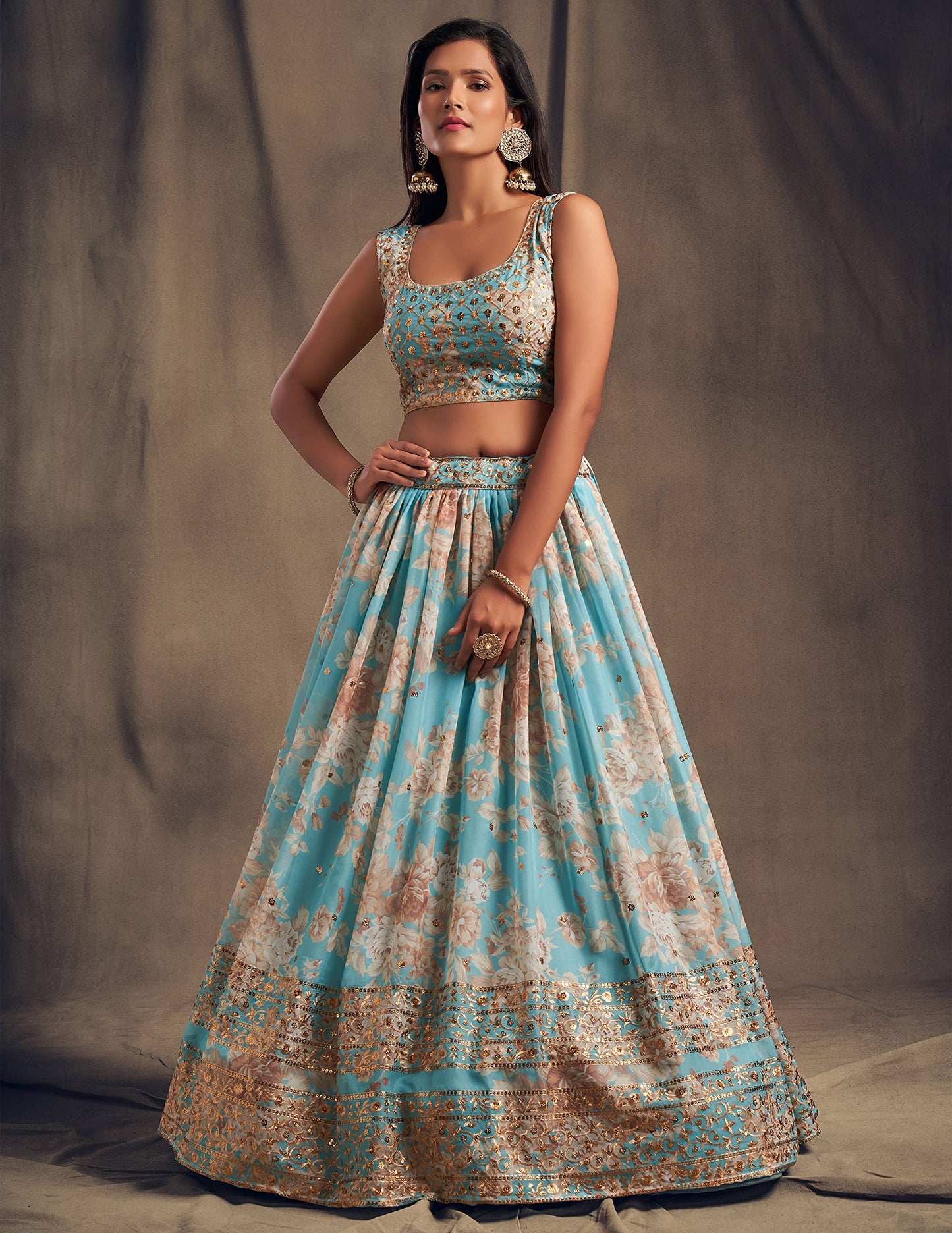 Zeel Clothing Women's Organza Floral White Semi-Stitched Lehenga Choli (7619-SkyBlue-Wedding-Floral-Lehenga-New, Sky Blue)