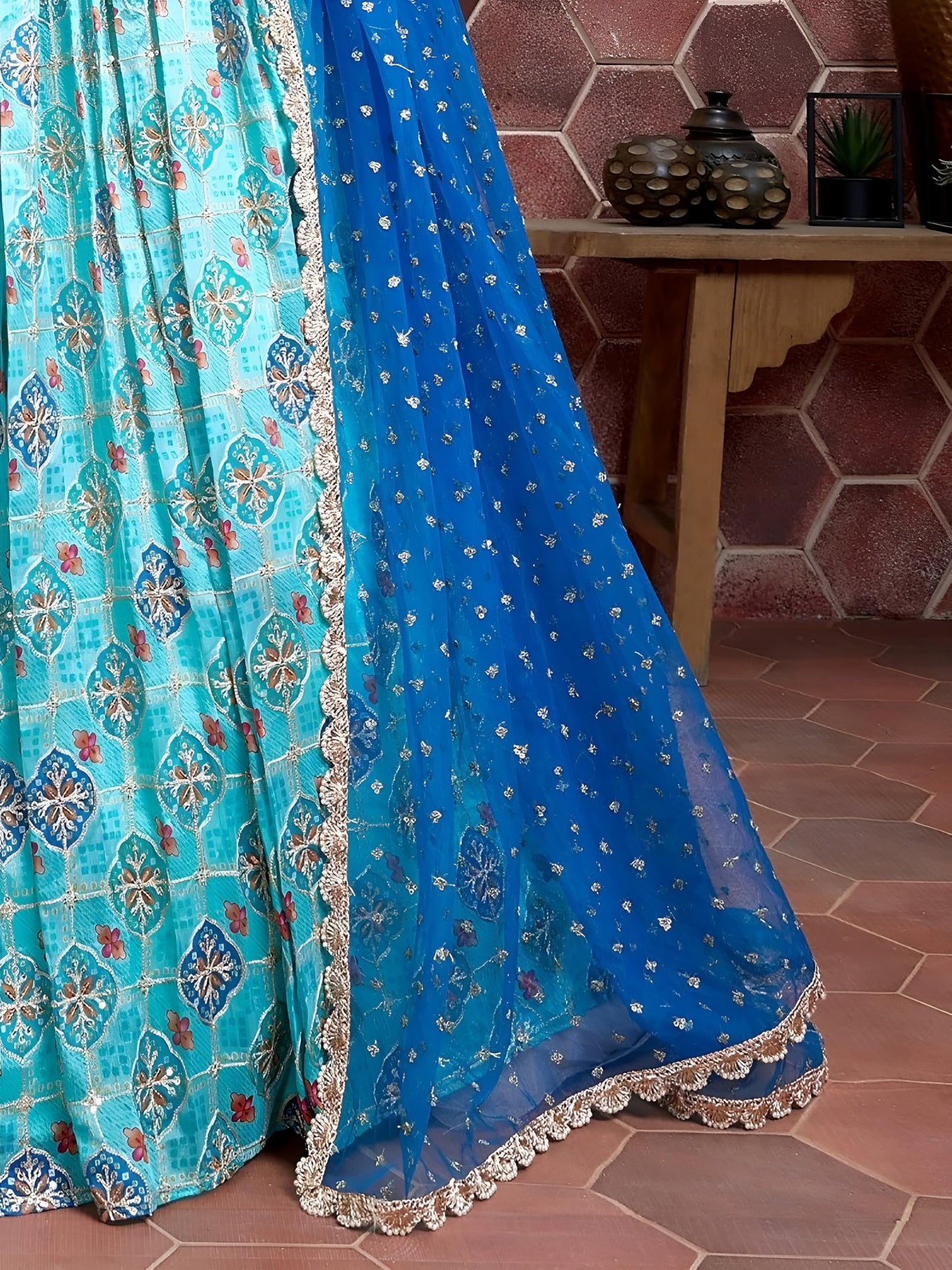 Zeel Clothing Women's Silk Embroidered Semi-Stitched Lehenga Choli with Dupatta (109-SKyBlue-Wedding-Bridal-Latest-Lehenga; Free Size)