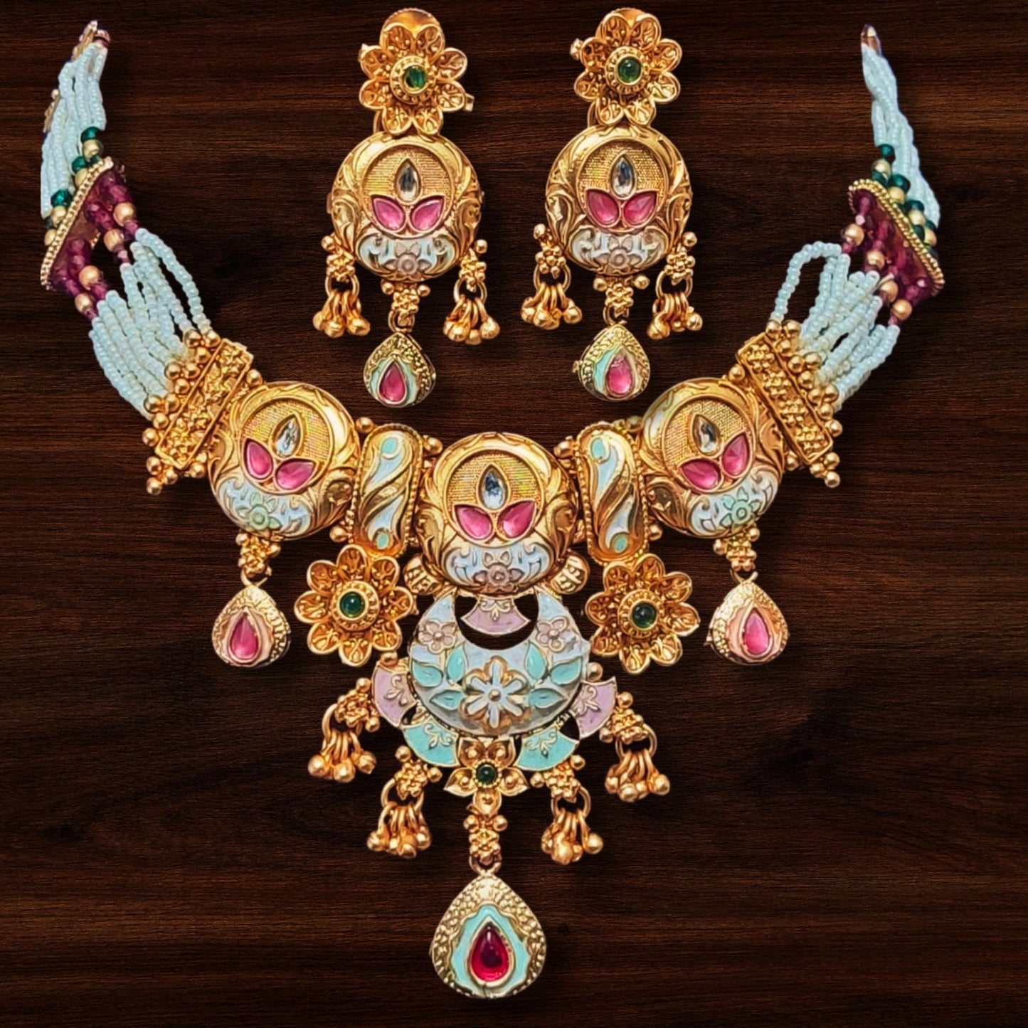 Achyut The Infalliable Women's Rajwadi Gold Plated Chik Necklace Set with Earrings - Rajwadi Floral Design Chokor Motimala Jewellery for Girls pink and green