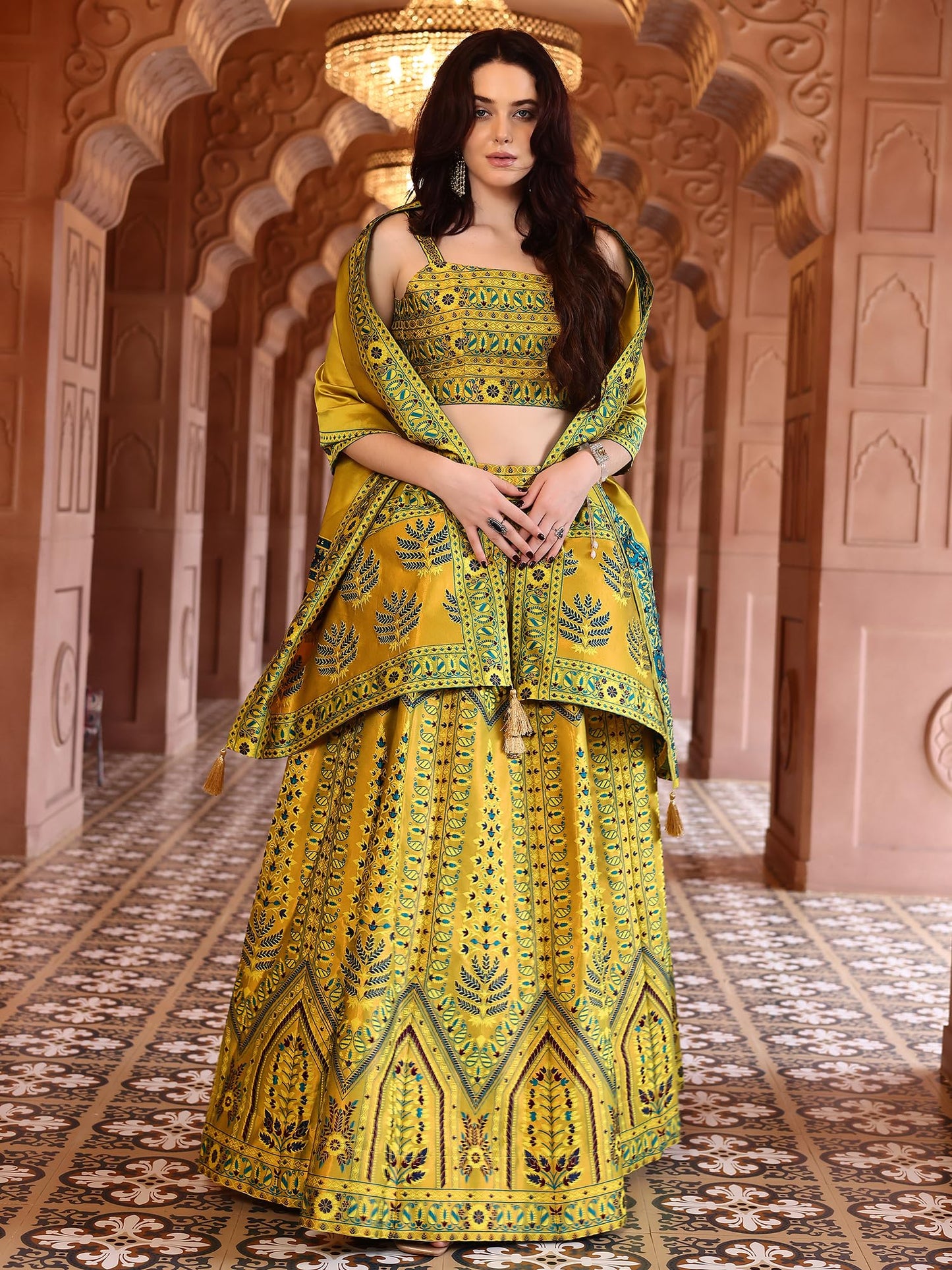 PURVAJA Women's Kanjivaram Semi-Stitched Lehenga Choli (Sirat-Lime_Lime_Free Size)