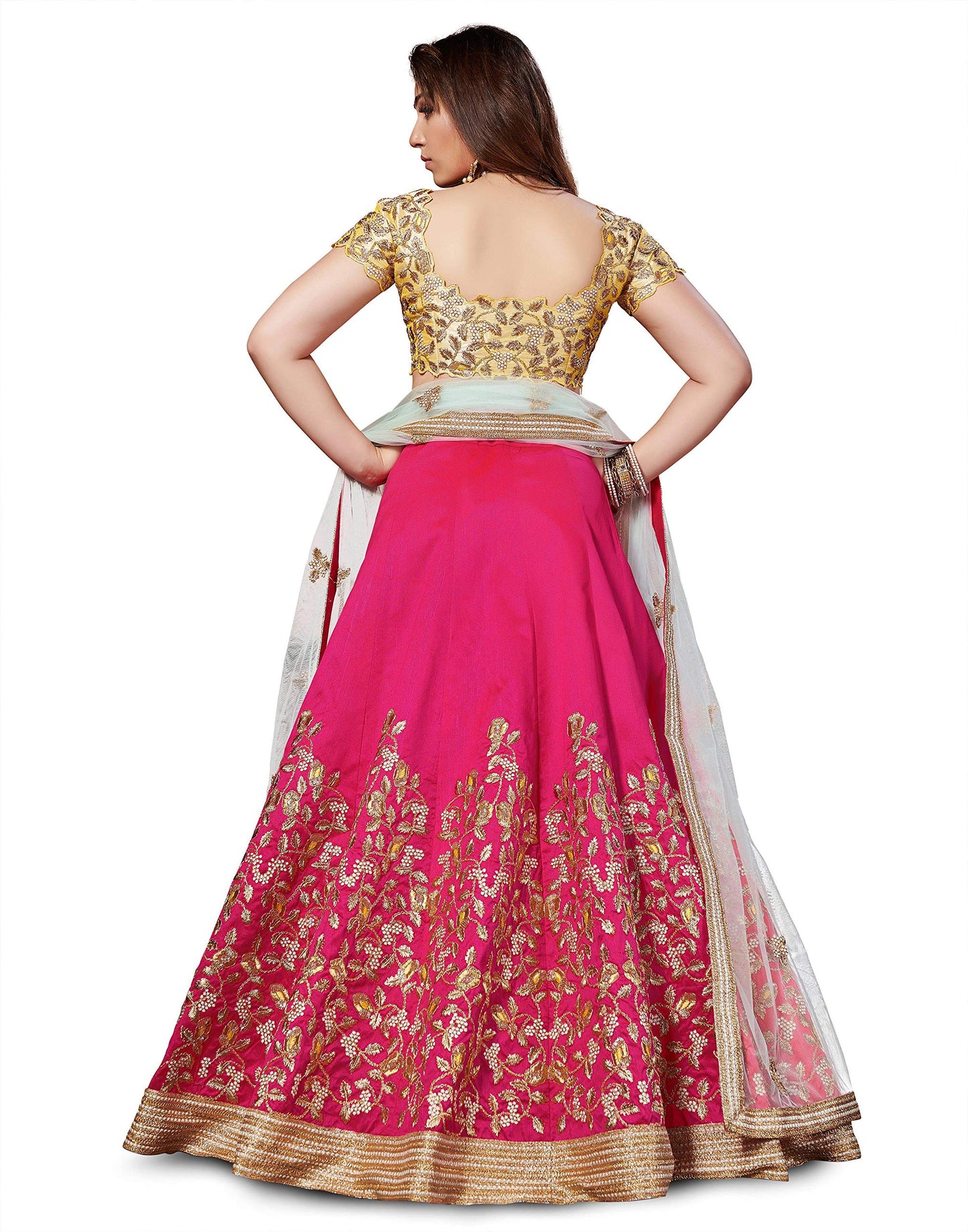 Zeel Clothing Women's Faux Silk Dress Material Semi-Stitched Lehenga Choli (7045-Yellow-Pink-New_Yellow & Pink_Free Size), Customizable Length