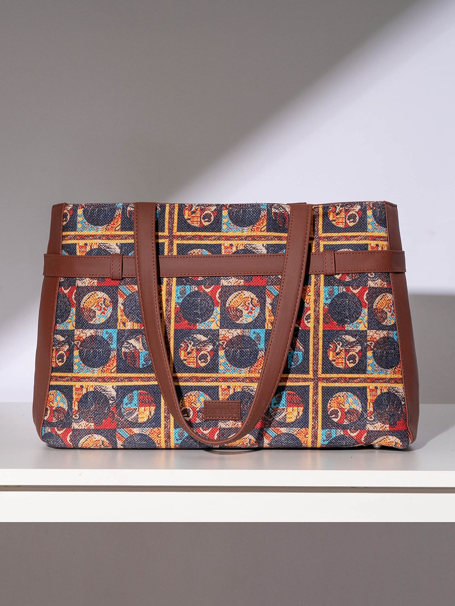 ZOUK African Art Abstract Printed Women's Jute Handcrafted Vegan Leather Multicolor Statement Office Shoulder Bag