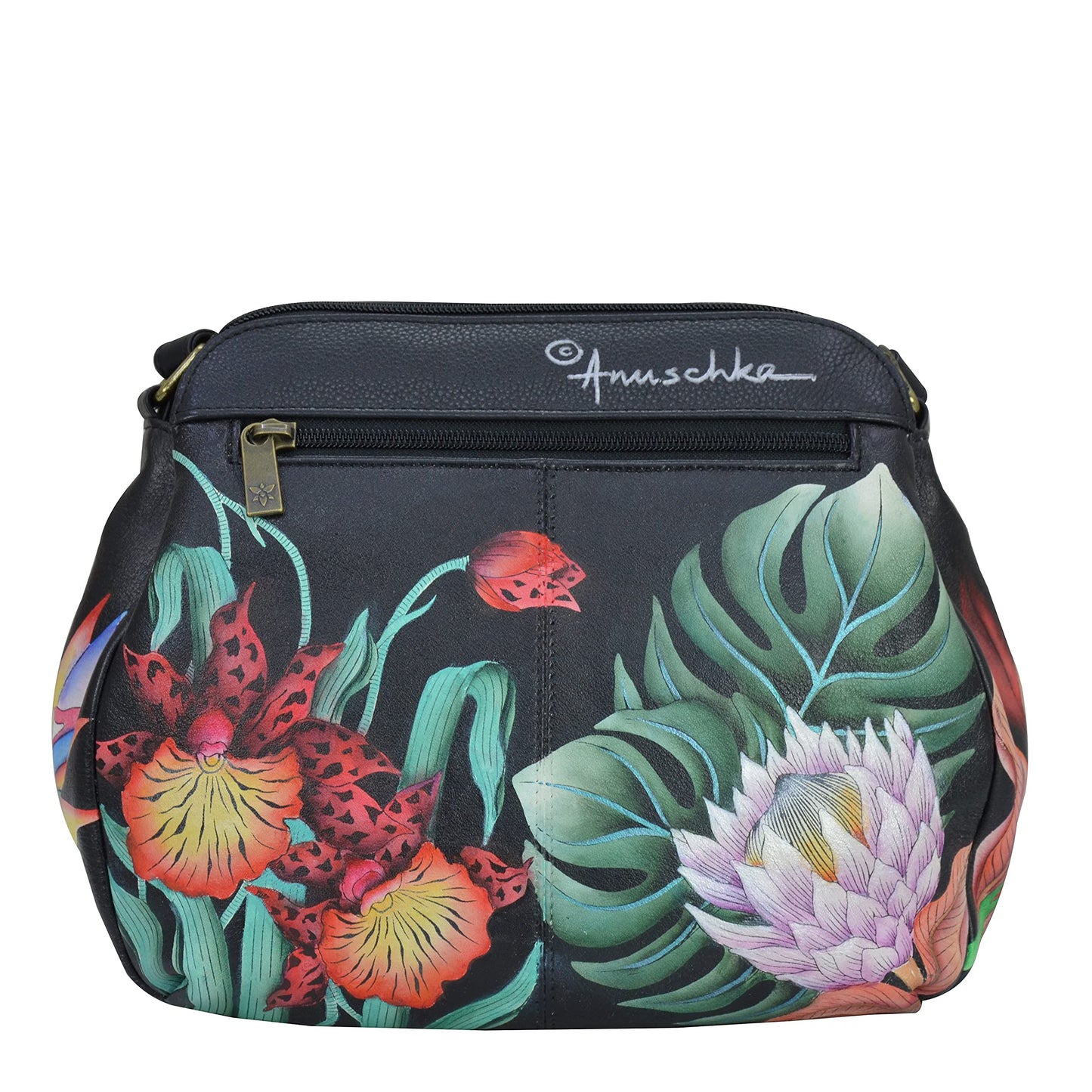 Anuschka Women’s hand-Painted Genuine Leather Multi Compartment Medium Bag - Island Escape Black