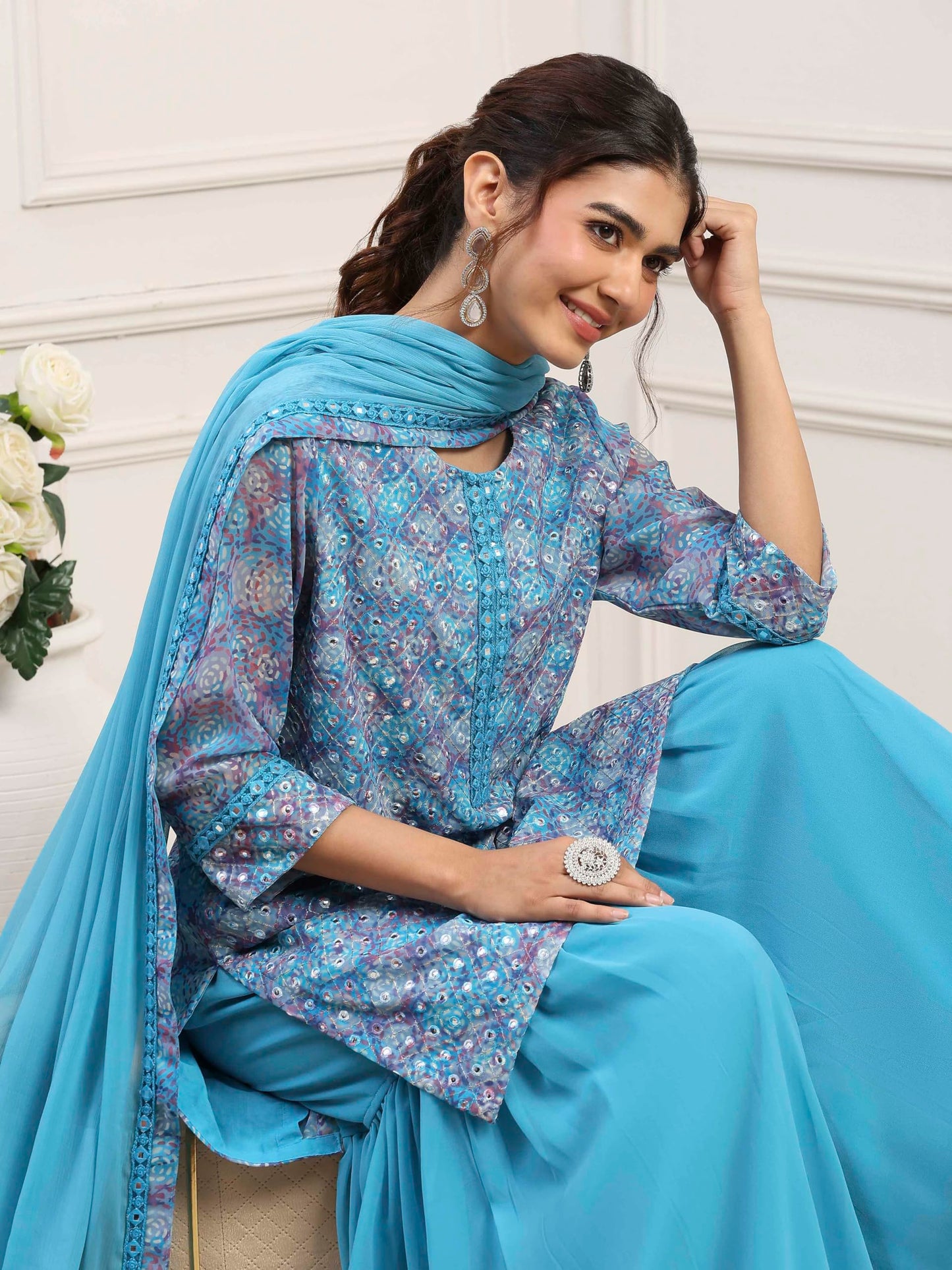 Biba Women Turquoise Polyester Straight Suit Set_38