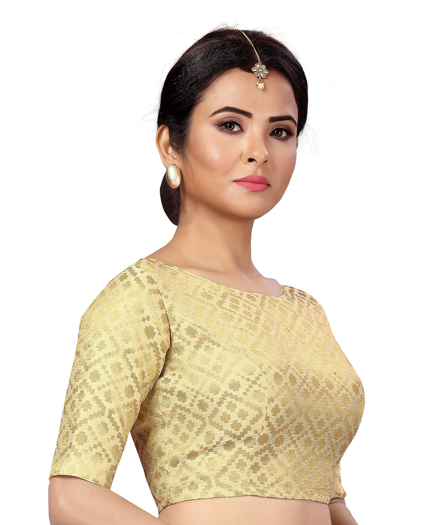 Studio Shringaar Women's Readymade Brocade Elbow Length Sleeves Saree Blouse (Light Gold, 48)
