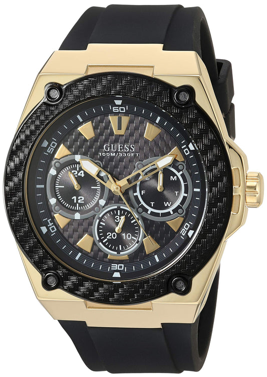 GUESS Men's Comfortable Black Dial Stain Resistant Silicone Analog Watch With Gold-Tone Day, Date + 24 Hour Military/Int'l Time. 45 MM CASE SIZE, Black Band