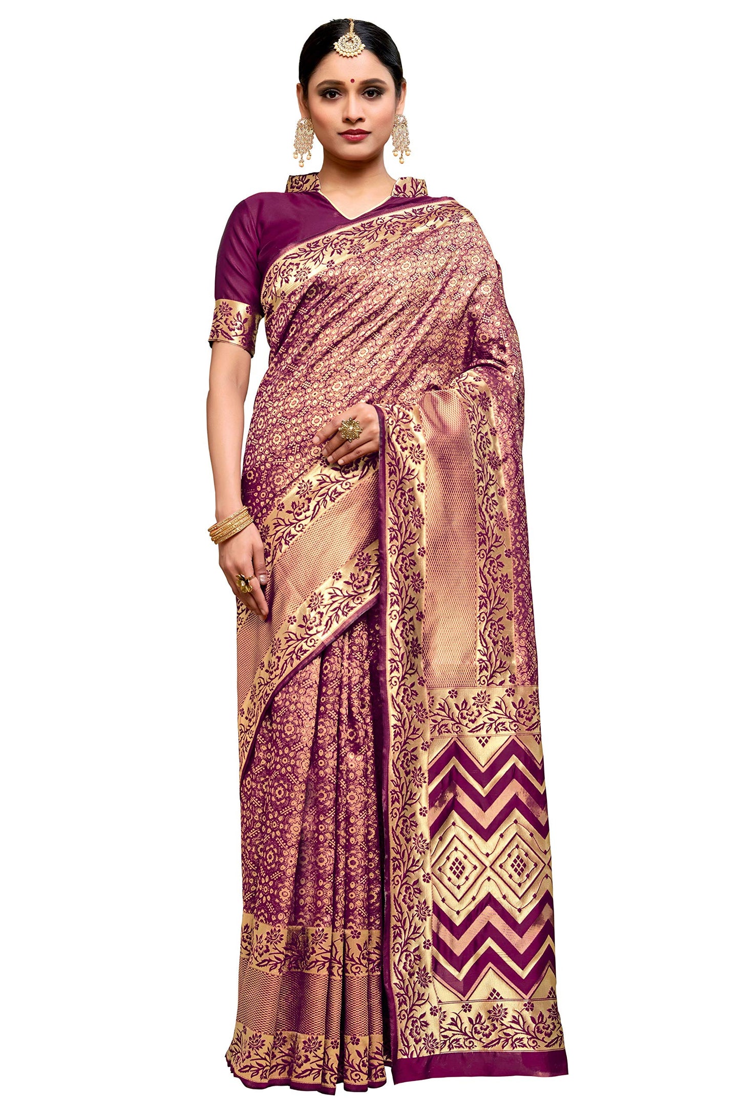Glory Sarees Women’s Banarasi Silk Saree With Blouse Piece (Kara137_Wine)