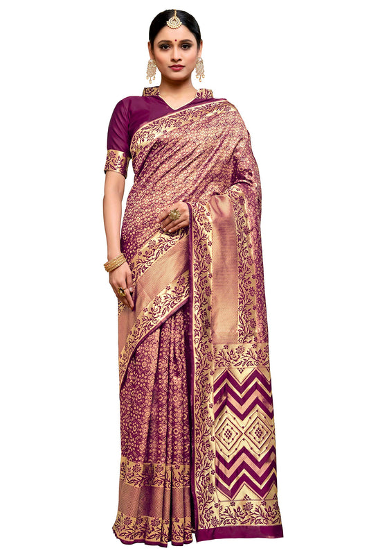 Glory Sarees Women’s Banarasi Silk Saree With Blouse Piece (Kara137_Wine)