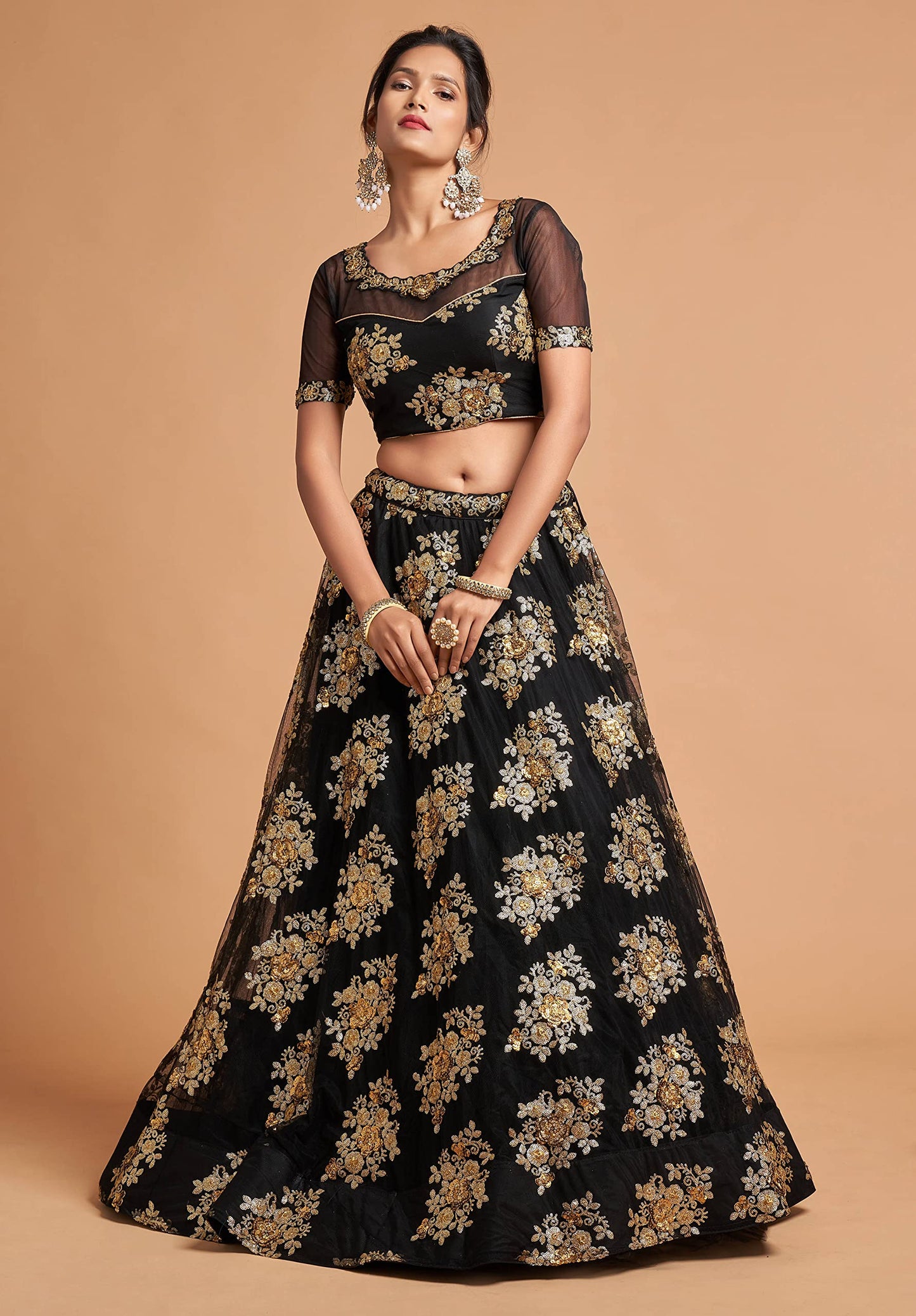 Zeel Clothing Women's Net Embroidered Semi-Stitched New Lehenga Choli with Dupatta (7306Black-Wedding-Girlish-Latest-Lehenga; Free Size)